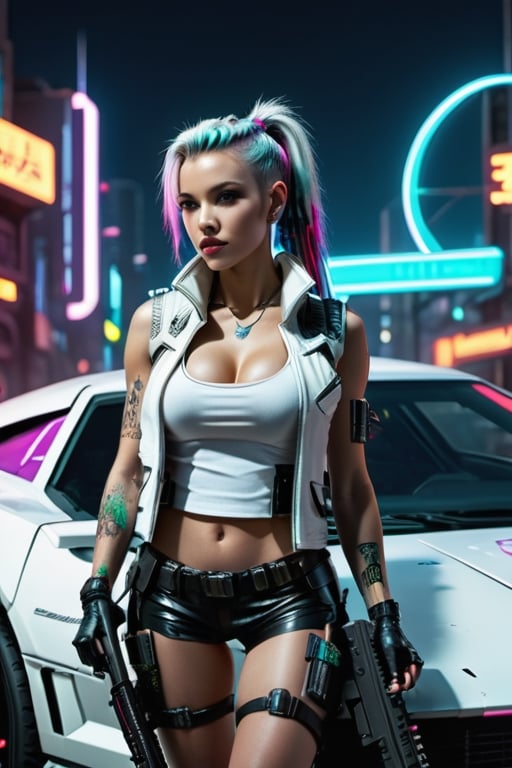 futuristic cyberpunk, woman 30 year old, white vest, short coat Sleeveless, Cyber punk theme, facing foward, leaning on cyberpunk car engine hood, holding futuristic sniper rifle, cybernetic implants, dragon tattoos,  neon colors, hair in pony tail, military boots, cyber punk, neon signs, night at the neon futuristic city, Movie Still, Film Still, Cinematic Shot, Cinematic Lighting, wide angle, photorealistic, full body
