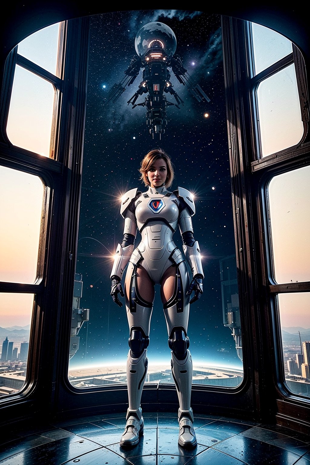 futuristic, sci-fi, outer space seen in window, 30 year old woman, brown wavy hair, detailed face, standing in spaceship next to panoramic window, seductive smile, wearing white mecha armour, photorealistic, wide angle, full body image