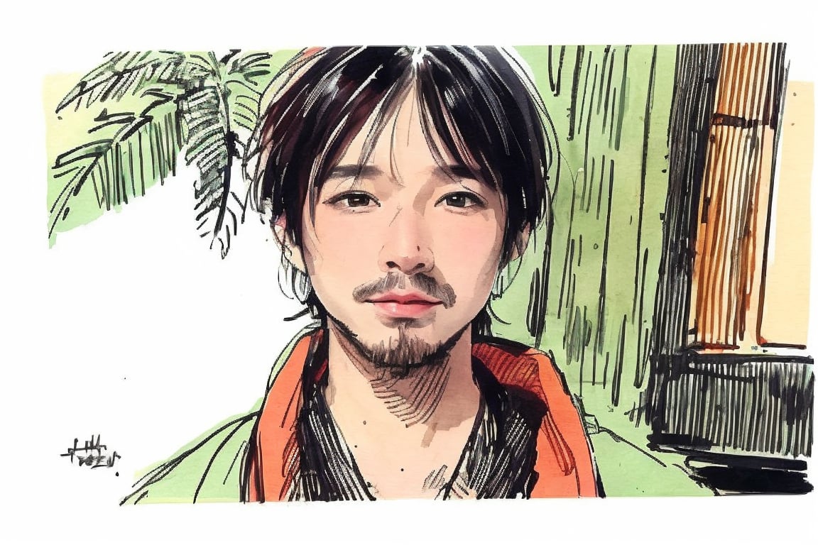 solo, looking at viewer, black hair, 1boy, closed mouth, upper body, male focus, japanese clothes, tree, leaf, traditional media, facing viewer, realistic, rnhg ,sketch art,watercolor,rha30,fujimotostyle