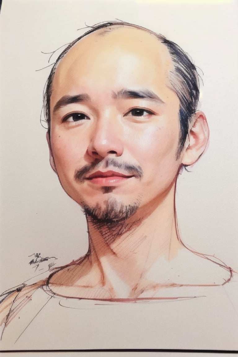 1boy, solo, looking at viewer, simple background, shirt, brown eyes, upper body, lips, portrait, (thin hair), wide forehead, little bald, short hair, rnhg, (Thinning hair baldness) ,sketch art,watercolor,rha30,fujimotostyle, ,SD 1.5