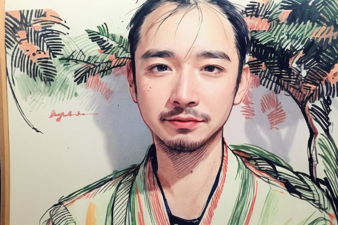 solo, looking at viewer, black hair, 1boy, closed mouth, upper body, male focus, japanese clothes, tree, leaf, traditional media, facing viewer, realistic, rnhg ,sketch art,watercolor,rha30,fujimotostyle, (Thinning hair baldness)