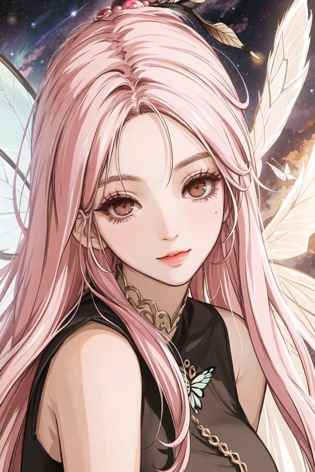 big eye girl, beautiful fairy, butterfly, big plumper glossy lips, pinkish cheek, cute young beautiful girl with long, white hair, wearing pearl, 4K, dynamic angle, photorealistic, solo, her brown eyes twinkling against her tank skin, sky, feather, bird, Wing, space,Anitoon2
