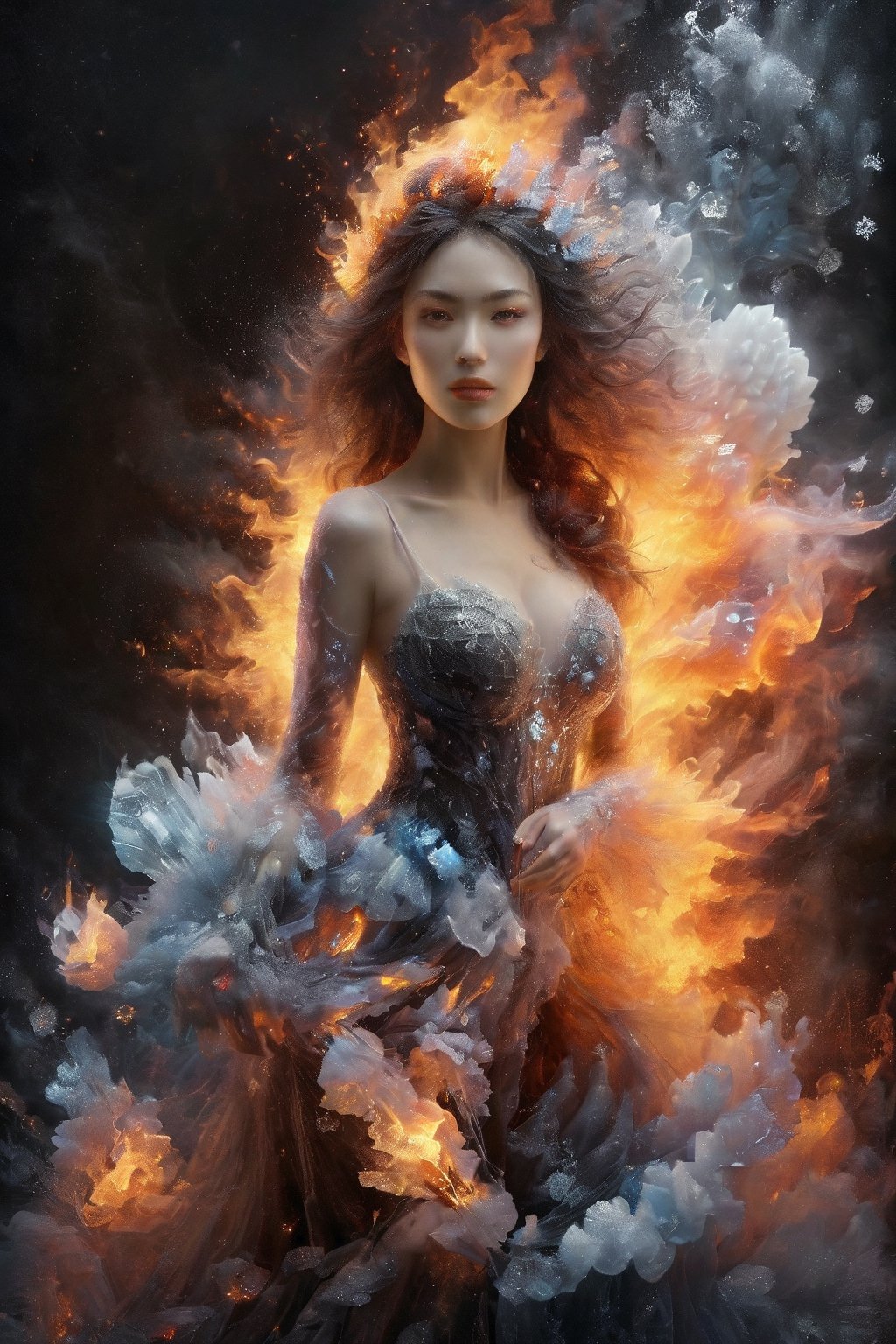 Beautiful female, made with black on white smoky layers, floating embers,  surrealism,faize, ice flowers, fire flowers