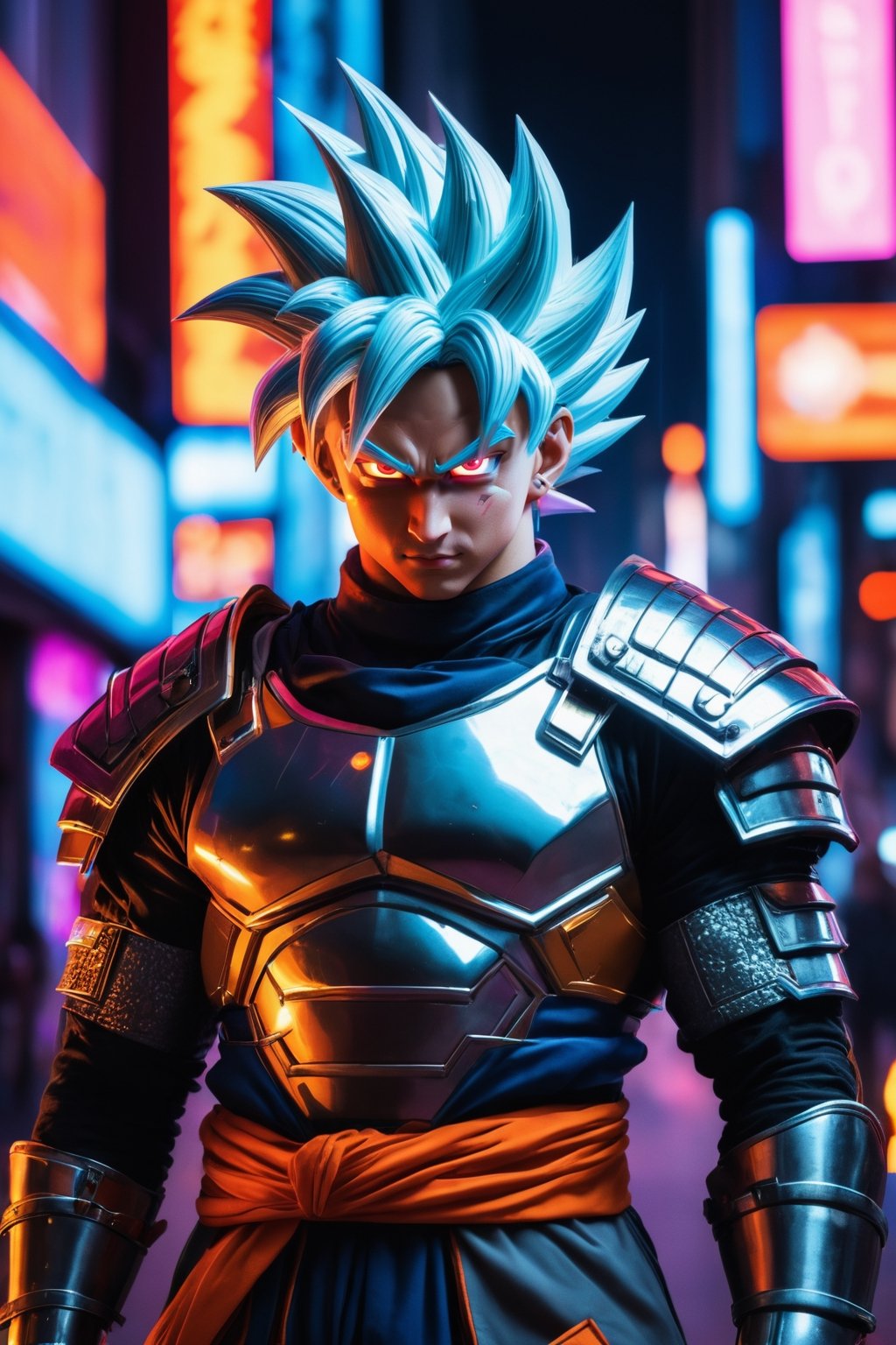 Dragon Ball Goku, wearing medieval armor, cyberpunk city, under neon lights.