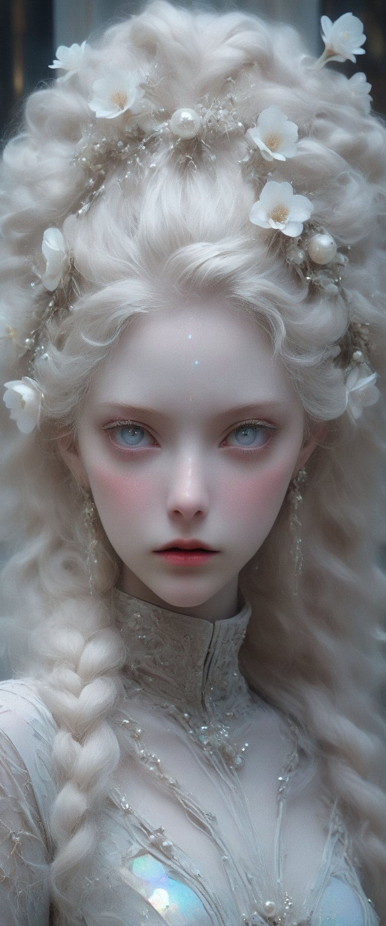 breathtaking ethereal RAW photo of female (A close-up portrait of an albino woman with pastel tones, depicted in a futuristic style. She has an intricate, elaborate hairstyle with multiple braids adorned with pearls and flowers, but with a modern twist. Her hair is white, and she has blue eyes with light freckles on her face. She is dressed in an opulent, high-tech outfit with metallic and holographic elements, and delicate jewelry with futuristic designs. The background is a sleek, high-tech interior with soft, ambient lighting that highlights the details of her attire and accessories. The overall aesthetic blends fantasy and science fiction, emphasizing intricate craftsmanship and a serene expression.

 )), dark and moody style, perfect face, outstretched perfect hands . masterpiece, professional, award-winning, intricate details, ultra high detailed, 64k, dramatic light, volumetric light, dynamic lighting, Epic, splash art .. ), by james jean $, roby dwi antono $, ross tran $. francis bacon $, michal mraz $, adrian ghenie $, petra cortright $, gerhard richter $, takato yamamoto $, ashley wood, tense atmospheric, , , , sooyaaa,IMGFIX,Comic Book-Style,Movie Aesthetic,action shot,photo r3al,bad quality image,oil painting, cinematic moviemaker style,Japan Vibes,H effect,koh_yunjung ,koh_yunjung,kwon-nara,sooyaaa,colorful,bones,skulls,armor,han-hyoju-xl
,DonMn1ghtm4reXL, ct-fujiii,ct-jeniiii, ct-goeuun,mad-cyberspace,FuturEvoLab-mecha,cinematic_grain_of_film,a frame of a animated film of,score_9,3D,style akirafilm,Wellington22A