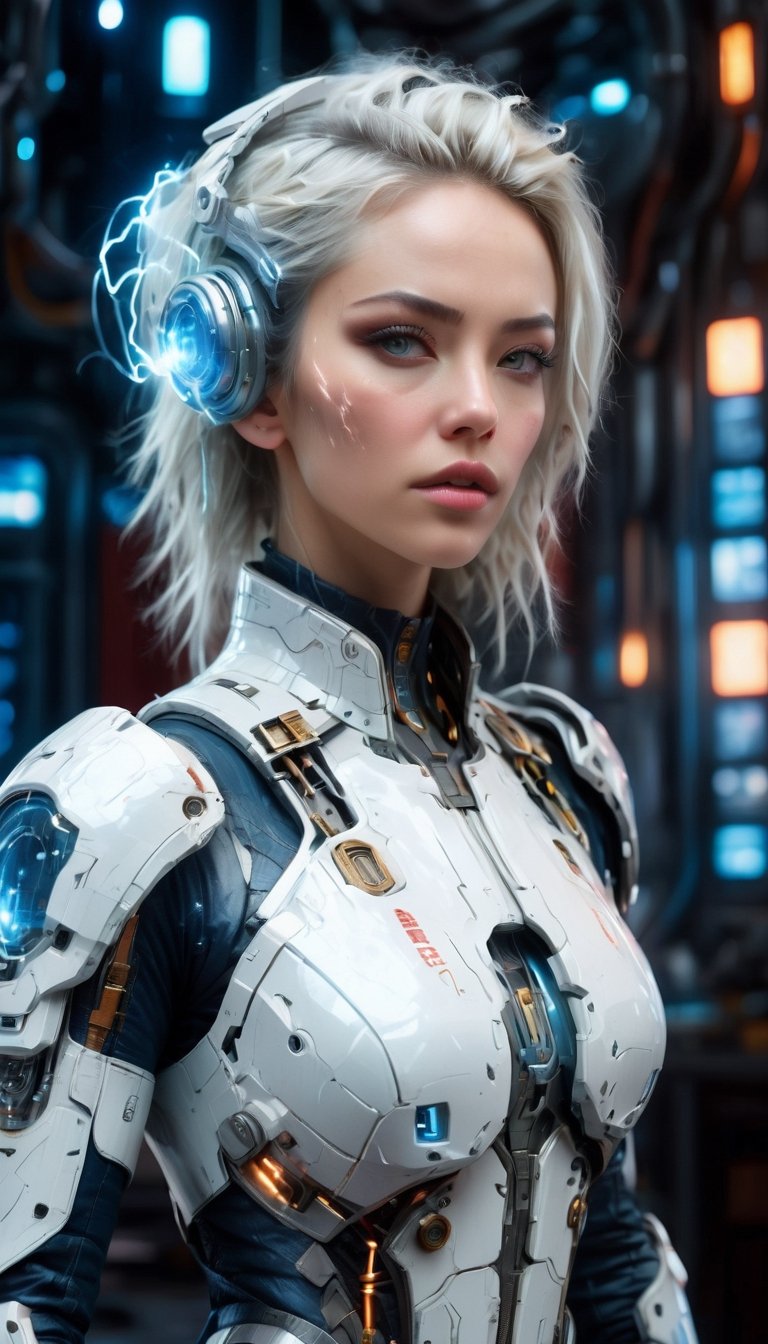 1girl, woman in high-tech space suit, through transparent visor,A look of relief,
beautiful face visible through transparent visor, white gloves, intricate blue mechanical vial,((holding jar containing lightning)), elaborate spaceship background,photo_b00ster,sad. 1 girl, huge breasts, huge body, messy white hair, realistic, perfect murge, 
,Mecha body,Young beauty spirit .Best Quality, photorealistic, ultra-detailed, finely detailed, high resolution, perfect dynamic composition, sharp-focus,b3rli,dongtan dress,mature female,naked bandage