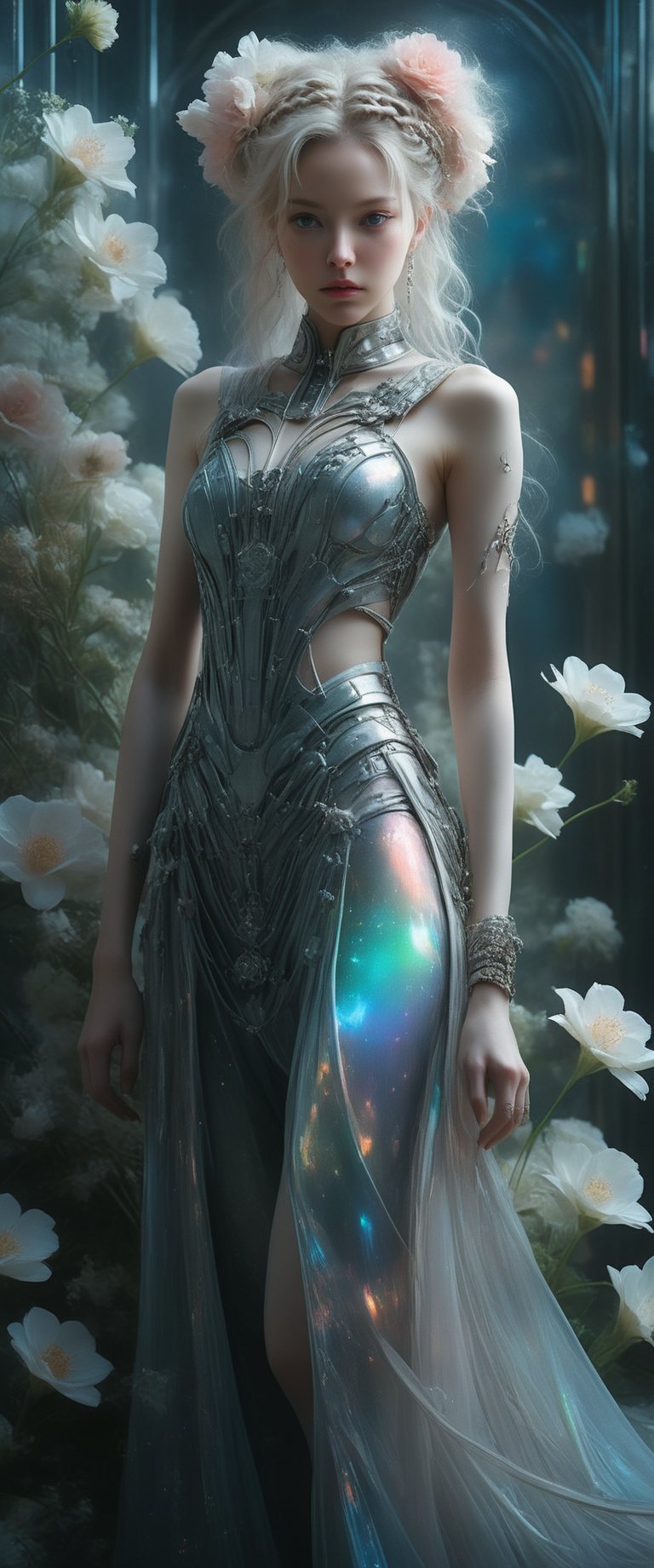 breathtaking ethereal RAW photo of female (A close-up portrait of an albino woman with pastel tones, depicted in a futuristic style. She has an intricate, elaborate hairstyle with multiple braids adorned with pearls and flowers, but with a modern twist. Her hair is white, and she has blue eyes with light freckles on her face. She is dressed in an opulent, high-tech outfit with metallic and holographic elements, and delicate jewelry with futuristic designs. The background is a sleek, high-tech interior with soft, ambient lighting that highlights the details of her attire and accessories. The overall aesthetic blends fantasy and science fiction, emphasizing intricate craftsmanship and a serene expression.

 )), dark and moody style, perfect face, outstretched perfect hands . masterpiece, professional, award-winning, intricate details, ultra high detailed, 64k, dramatic light, volumetric light, dynamic lighting, Epic, splash art .. ), by james jean $, roby dwi antono $, ross tran $. francis bacon $, michal mraz $, adrian ghenie $, petra cortright $, gerhard richter $, takato yamamoto $, ashley wood, tense atmospheric, , , , sooyaaa,IMGFIX,Comic Book-Style,Movie Aesthetic,action shot,photo r3al,bad quality image,oil painting, cinematic moviemaker style,Japan Vibes,H effect,koh_yunjung ,koh_yunjung,kwon-nara,sooyaaa,colorful,bones,skulls,armor,han-hyoju-xl
,DonMn1ghtm4reXL, ct-fujiii,ct-jeniiii, ct-goeuun,mad-cyberspace,FuturEvoLab-mecha,cinematic_grain_of_film,a frame of a animated film of,score_9,3D,style akirafilm,Wellington22A