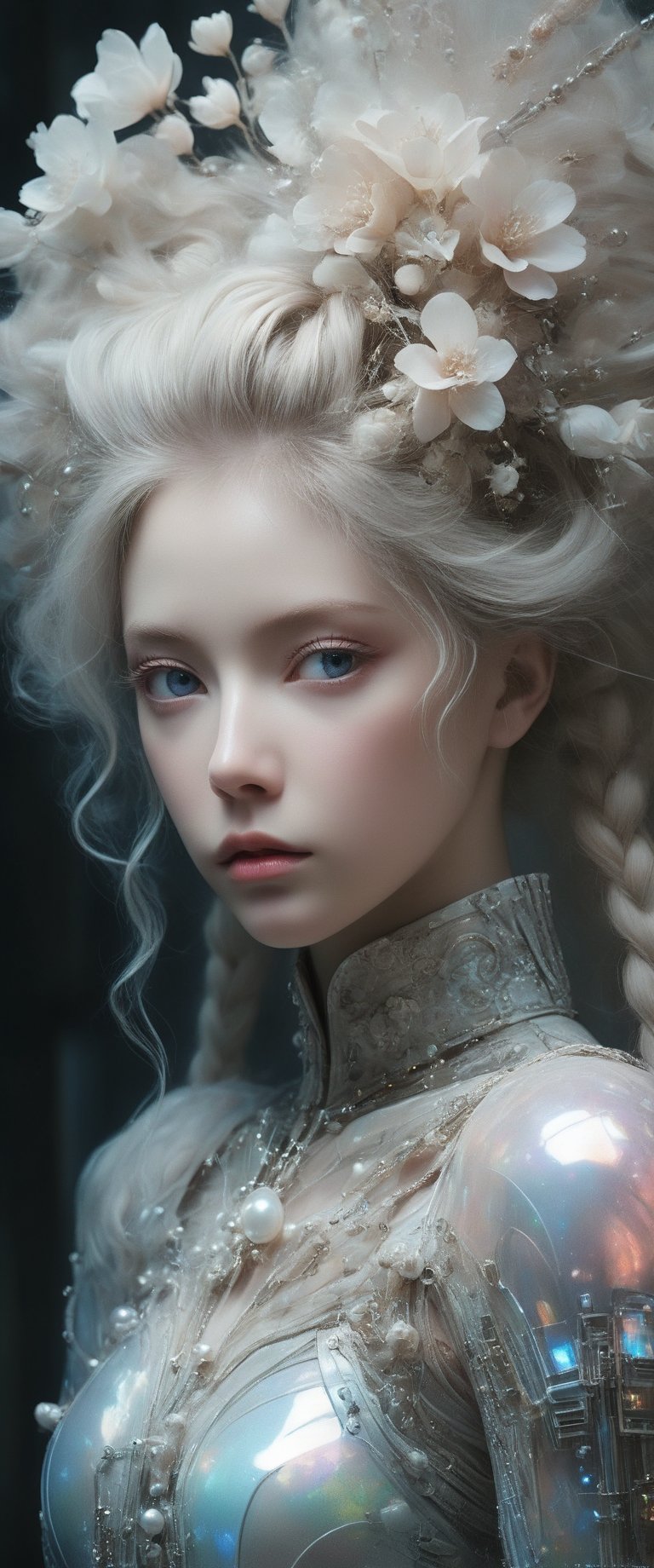 breathtaking ethereal RAW photo of female (A close-up portrait of an albino woman with pastel tones, depicted in a futuristic style. She has an intricate, elaborate hairstyle with multiple braids adorned with pearls and flowers, but with a modern twist. Her hair is white, and she has blue eyes with light freckles on her face. She is dressed in an opulent, high-tech outfit with metallic and holographic elements, and delicate jewelry with futuristic designs. The background is a sleek, high-tech interior with soft, ambient lighting that highlights the details of her attire and accessories. The overall aesthetic blends fantasy and science fiction, emphasizing intricate craftsmanship and a serene expression.

 )), dark and moody style, perfect face, outstretched perfect hands . masterpiece, professional, award-winning, intricate details, ultra high detailed, 64k, dramatic light, volumetric light, dynamic lighting, Epic, splash art .. ), by james jean $, roby dwi antono $, ross tran $. francis bacon $, michal mraz $, adrian ghenie $, petra cortright $, gerhard richter $, takato yamamoto $, ashley wood, tense atmospheric, , , , sooyaaa,IMGFIX,Comic Book-Style,Movie Aesthetic,action shot,photo r3al,bad quality image,oil painting, cinematic moviemaker style,Japan Vibes,H effect,koh_yunjung ,koh_yunjung,kwon-nara,sooyaaa,colorful,bones,skulls,armor,han-hyoju-xl
,DonMn1ghtm4reXL, ct-fujiii,ct-jeniiii, ct-goeuun,mad-cyberspace,FuturEvoLab-mecha,cinematic_grain_of_film,a frame of a animated film of,score_9,3D,style akirafilm,Wellington22A