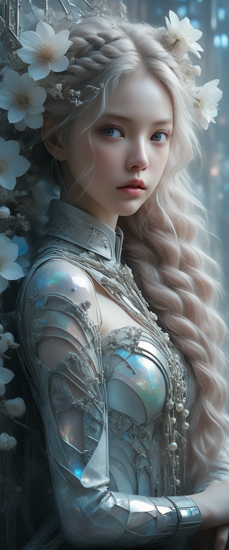 breathtaking ethereal RAW photo of female (A close-up portrait of an albino woman with pastel tones, depicted in a futuristic style. She has an intricate, elaborate hairstyle with multiple braids adorned with pearls and flowers, but with a modern twist. Her hair is white, and she has blue eyes with light freckles on her face. She is dressed in an opulent, high-tech outfit with metallic and holographic elements, and delicate jewelry with futuristic designs. The background is a sleek, high-tech interior with soft, ambient lighting that highlights the details of her attire and accessories. The overall aesthetic blends fantasy and science fiction, emphasizing intricate craftsmanship and a serene expression.

 )), dark and moody style, perfect face, outstretched perfect hands . masterpiece, professional, award-winning, intricate details, ultra high detailed, 64k, dramatic light, volumetric light, dynamic lighting, Epic, splash art .. ), by james jean $, roby dwi antono $, ross tran $. francis bacon $, michal mraz $, adrian ghenie $, petra cortright $, gerhard richter $, takato yamamoto $, ashley wood, tense atmospheric, , , , sooyaaa,IMGFIX,Comic Book-Style,Movie Aesthetic,action shot,photo r3al,bad quality image,oil painting, cinematic moviemaker style,Japan Vibes,H effect,koh_yunjung ,koh_yunjung,kwon-nara,sooyaaa,colorful,bones,skulls,armor,han-hyoju-xl
,DonMn1ghtm4reXL, ct-fujiii,ct-jeniiii, ct-goeuun,mad-cyberspace,FuturEvoLab-mecha,cinematic_grain_of_film,a frame of a animated film of,score_9,3D,style akirafilm,Wellington22A