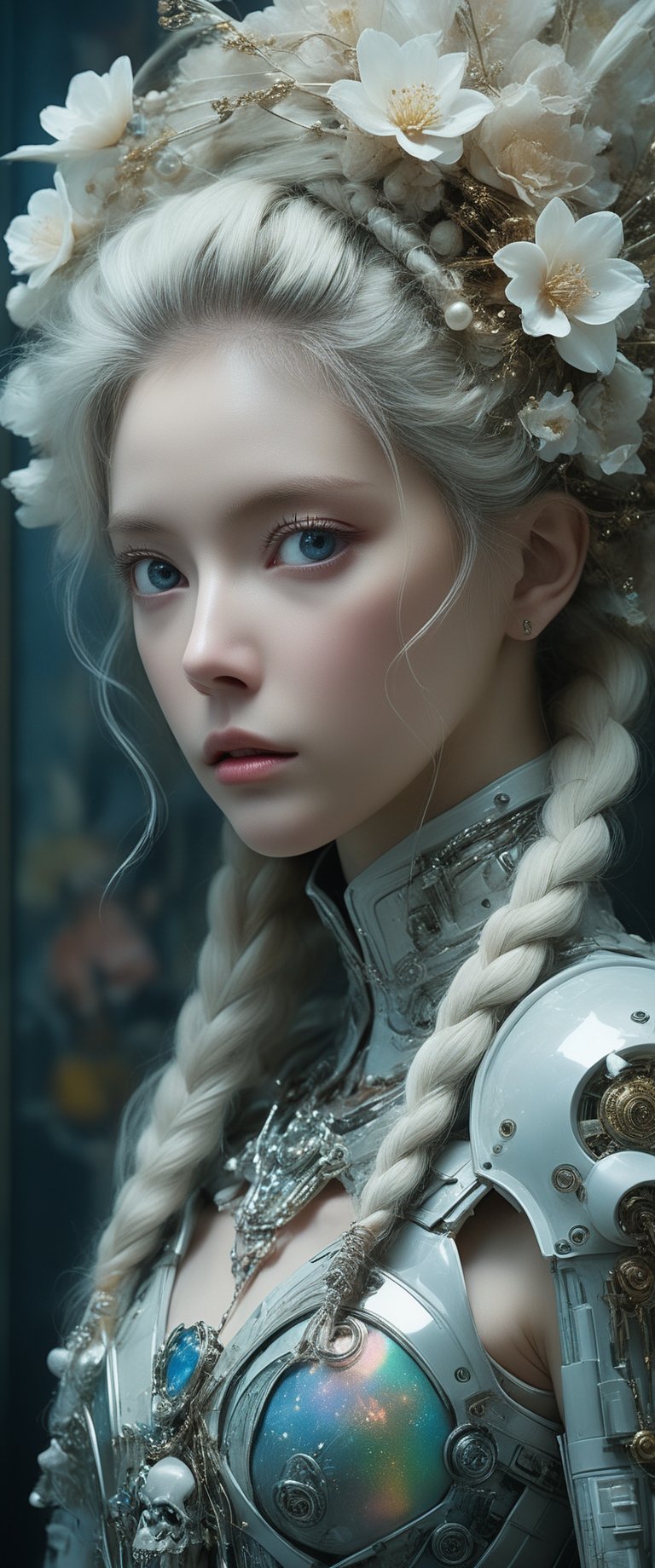 breathtaking ethereal RAW photo of female (A close-up portrait of an albino woman with pastel tones, depicted in a futuristic style. She has an intricate, elaborate hairstyle with multiple braids adorned with pearls and flowers, but with a modern twist. Her hair is white, and she has blue eyes with light freckles on her face. She is dressed in an opulent, high-tech outfit with metallic and holographic elements, and delicate jewelry with futuristic designs. The background is a sleek, high-tech interior with soft, ambient lighting that highlights the details of her attire and accessories. The overall aesthetic blends fantasy and science fiction, emphasizing intricate craftsmanship and a serene expression.

 )), dark and moody style, perfect face, outstretched perfect hands . masterpiece, professional, award-winning, intricate details, ultra high detailed, 64k, dramatic light, volumetric light, dynamic lighting, Epic, splash art .. ), by james jean $, roby dwi antono $, ross tran $. francis bacon $, michal mraz $, adrian ghenie $, petra cortright $, gerhard richter $, takato yamamoto $, ashley wood, tense atmospheric, , , , sooyaaa,IMGFIX,Comic Book-Style,Movie Aesthetic,action shot,photo r3al,bad quality image,oil painting, cinematic moviemaker style,Japan Vibes,H effect,koh_yunjung ,koh_yunjung,kwon-nara,sooyaaa,colorful,bones,skulls,armor,han-hyoju-xl
,DonMn1ghtm4reXL, ct-fujiii,ct-jeniiii, ct-goeuun,mad-cyberspace,FuturEvoLab-mecha,cinematic_grain_of_film,a frame of a animated film of,score_9,3D,style akirafilm,Wellington22A