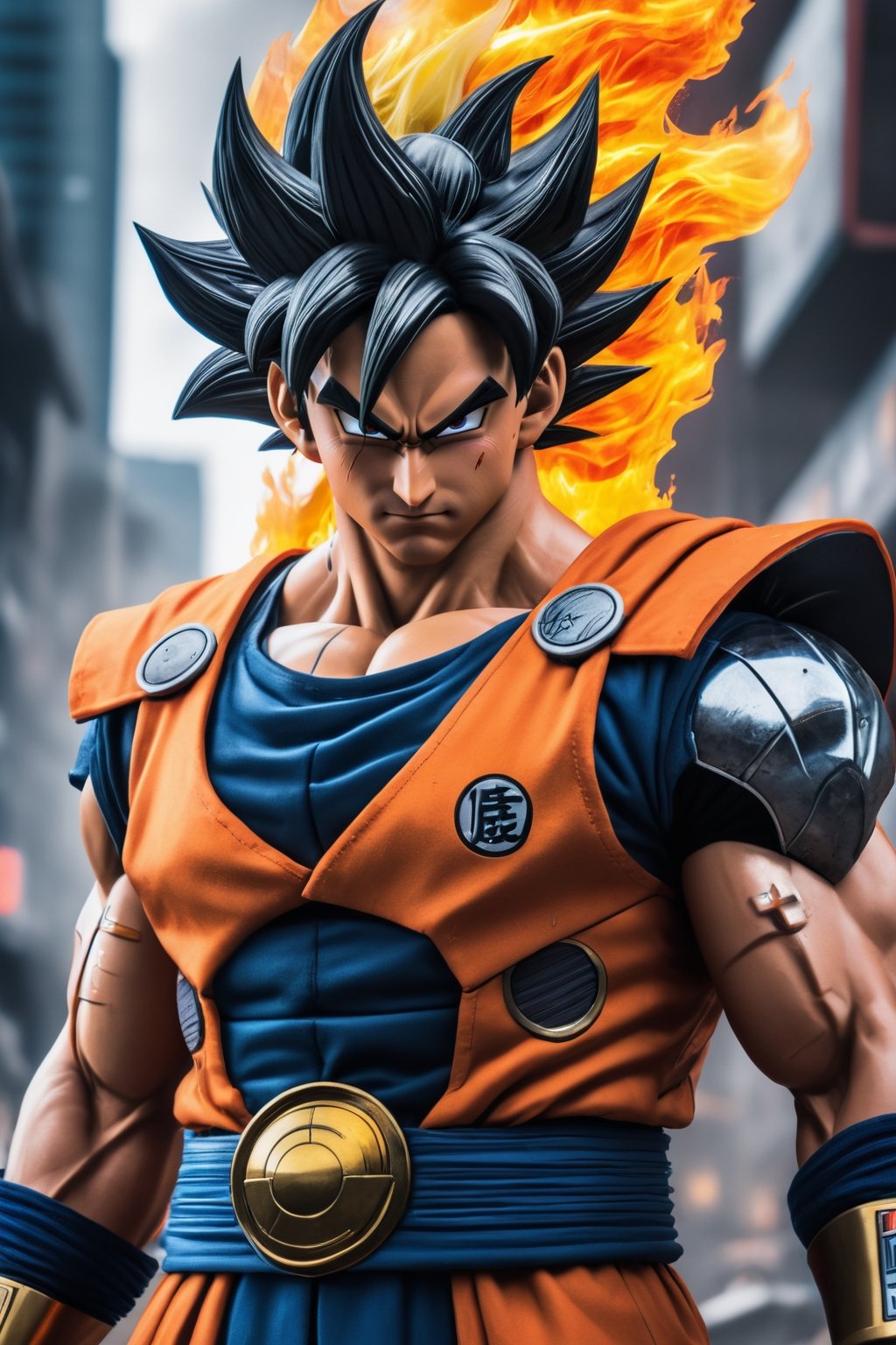 Super detailed live-action Dragon Ball Goku, strong and exaggerated body, body emitting flames, wearing armor, cyberpunk city, movie environment.