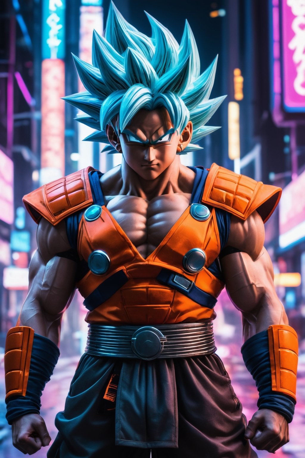 Dragon Ball Goku, strong, wearing armor, cyberpunk city, under neon lights.