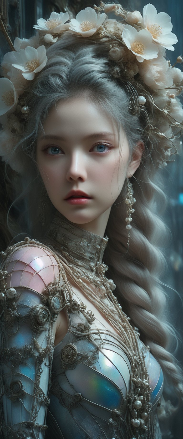 breathtaking ethereal RAW photo of female (A close-up portrait of an albino woman with pastel tones, depicted in a futuristic style. She has an intricate, elaborate hairstyle with multiple braids adorned with pearls and flowers, but with a modern twist. Her hair is white, and she has blue eyes with light freckles on her face. She is dressed in an opulent, high-tech outfit with metallic and holographic elements, and delicate jewelry with futuristic designs. The background is a sleek, high-tech interior with soft, ambient lighting that highlights the details of her attire and accessories. The overall aesthetic blends fantasy and science fiction, emphasizing intricate craftsmanship and a serene expression.

 )), dark and moody style, perfect face, outstretched perfect hands . masterpiece, professional, award-winning, intricate details, ultra high detailed, 64k, dramatic light, volumetric light, dynamic lighting, Epic, splash art .. ), by james jean $, roby dwi antono $, ross tran $. francis bacon $, michal mraz $, adrian ghenie $, petra cortright $, gerhard richter $, takato yamamoto $, ashley wood, tense atmospheric, , , , sooyaaa,IMGFIX,Comic Book-Style,Movie Aesthetic,action shot,photo r3al,bad quality image,oil painting, cinematic moviemaker style,Japan Vibes,H effect,koh_yunjung ,koh_yunjung,kwon-nara,sooyaaa,colorful,bones,skulls,armor,han-hyoju-xl
,DonMn1ghtm4reXL, ct-fujiii,ct-jeniiii, ct-goeuun,mad-cyberspace,FuturEvoLab-mecha,cinematic_grain_of_film,a frame of a animated film of,score_9,3D,style akirafilm,Wellington22A