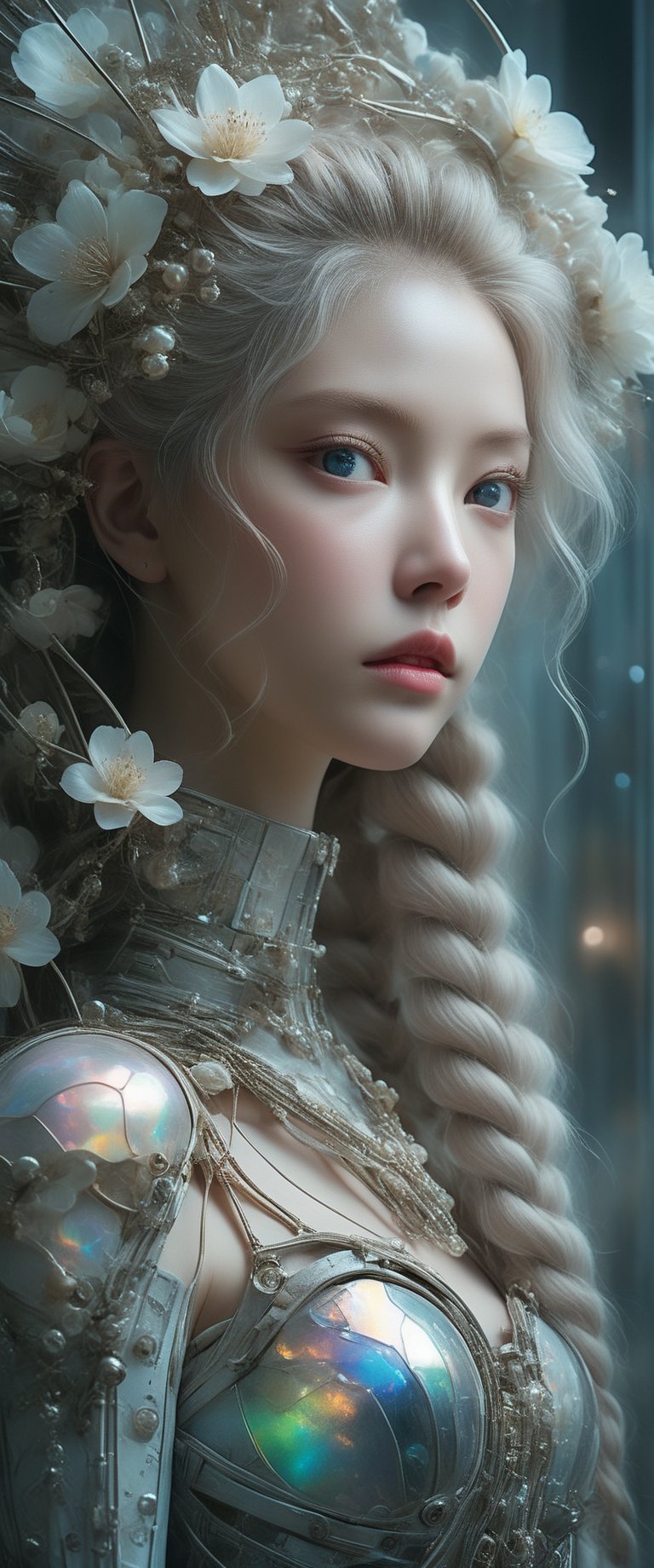 breathtaking ethereal RAW photo of female (A close-up portrait of an albino woman with pastel tones, depicted in a futuristic style. She has an intricate, elaborate hairstyle with multiple braids adorned with pearls and flowers, but with a modern twist. Her hair is white, and she has blue eyes with light freckles on her face. She is dressed in an opulent, high-tech outfit with metallic and holographic elements, and delicate jewelry with futuristic designs. The background is a sleek, high-tech interior with soft, ambient lighting that highlights the details of her attire and accessories. The overall aesthetic blends fantasy and science fiction, emphasizing intricate craftsmanship and a serene expression.

 )), dark and moody style, perfect face, outstretched perfect hands . masterpiece, professional, award-winning, intricate details, ultra high detailed, 64k, dramatic light, volumetric light, dynamic lighting, Epic, splash art .. ), by james jean $, roby dwi antono $, ross tran $. francis bacon $, michal mraz $, adrian ghenie $, petra cortright $, gerhard richter $, takato yamamoto $, ashley wood, tense atmospheric, , , , sooyaaa,IMGFIX,Comic Book-Style,Movie Aesthetic,action shot,photo r3al,bad quality image,oil painting, cinematic moviemaker style,Japan Vibes,H effect,koh_yunjung ,koh_yunjung,kwon-nara,sooyaaa,colorful,bones,skulls,armor,han-hyoju-xl
,DonMn1ghtm4reXL, ct-fujiii,ct-jeniiii, ct-goeuun,mad-cyberspace,FuturEvoLab-mecha,cinematic_grain_of_film,a frame of a animated film of,score_9,3D,style akirafilm,Wellington22A