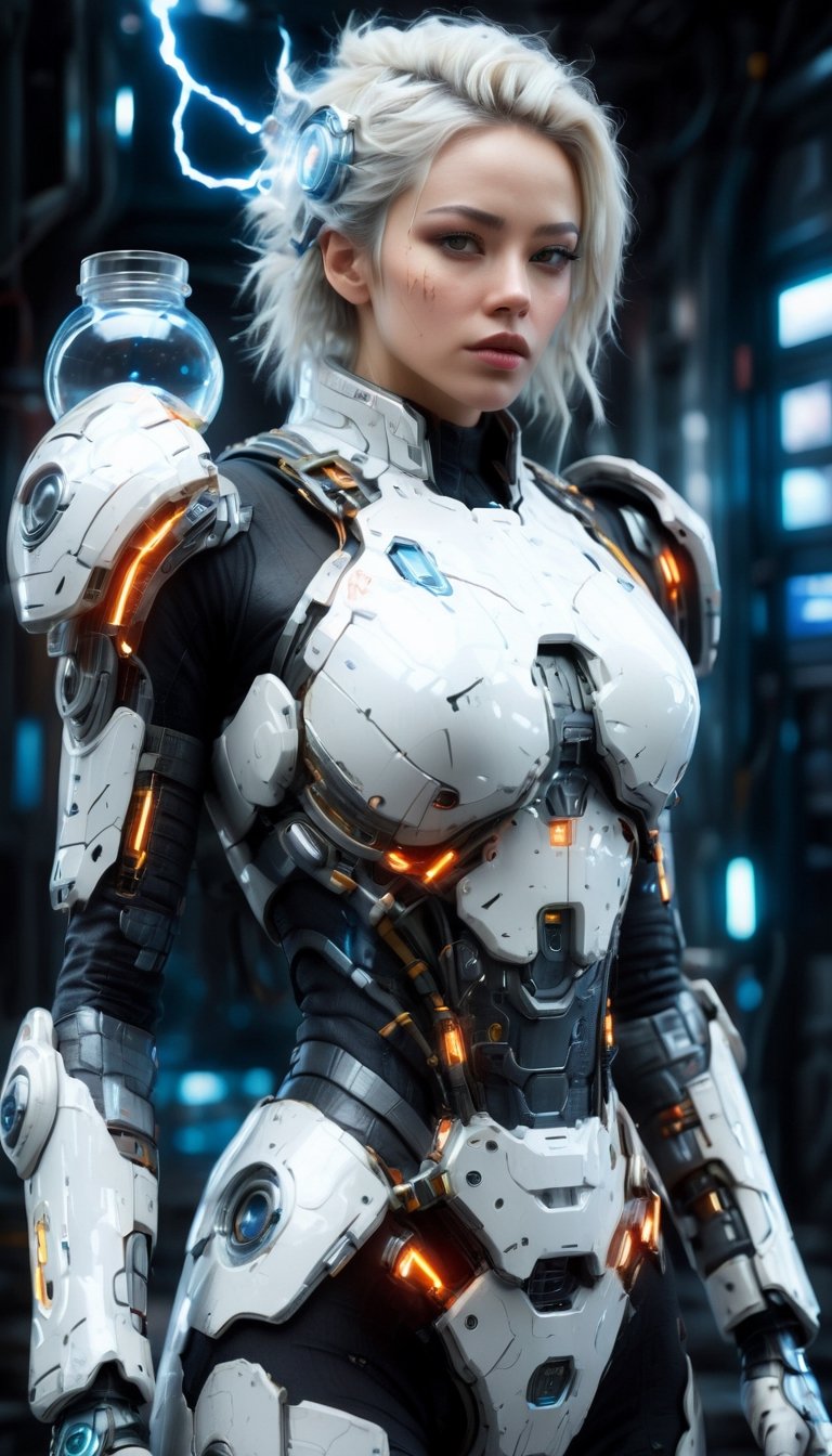 1girl, woman in high-tech space suit, through transparent visor,A look of relief,
beautiful face visible through transparent visor, white gloves, intricate blue mechanical vial,((holding jar containing lightning)), elaborate spaceship background,photo_b00ster,sad. 1 girl, huge breasts, huge body, messy white hair, realistic, perfect murge, 
,Mecha body,Young beauty spirit .Best Quality, photorealistic, ultra-detailed, finely detailed, high resolution, perfect dynamic composition, sharp-focus,b3rli,dongtan dress,mature female,naked bandage