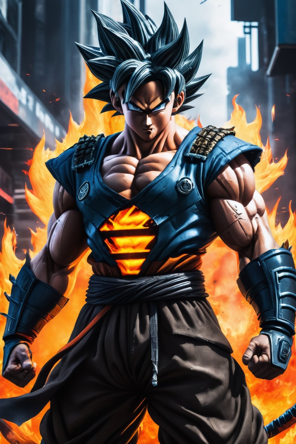 Super detailed Dragon Ball Goku, strong exaggerated body, body emitting flames, wearing armor, cyberpunk city, movie environment.