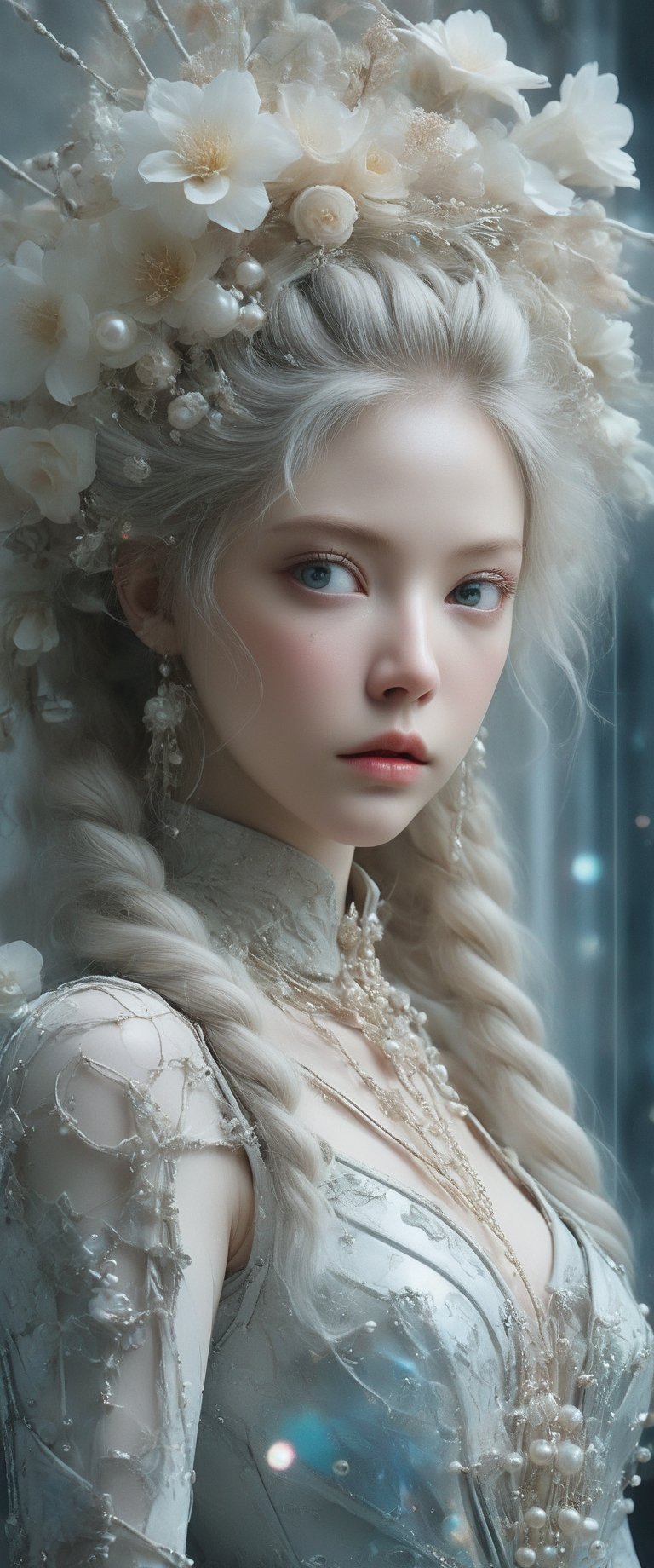 breathtaking ethereal RAW photo of female (A close-up portrait of an albino woman with pastel tones, depicted in a futuristic style. She has an intricate, elaborate hairstyle with multiple braids adorned with pearls and flowers, but with a modern twist. Her hair is white, and she has blue eyes with light freckles on her face. She is dressed in an opulent, high-tech outfit with metallic and holographic elements, and delicate jewelry with futuristic designs. The background is a sleek, high-tech interior with soft, ambient lighting that highlights the details of her attire and accessories. The overall aesthetic blends fantasy and science fiction, emphasizing intricate craftsmanship and a serene expression.

 )), dark and moody style, perfect face, outstretched perfect hands . masterpiece, professional, award-winning, intricate details, ultra high detailed, 64k, dramatic light, volumetric light, dynamic lighting, Epic, splash art .. ), by james jean $, roby dwi antono $, ross tran $. francis bacon $, michal mraz $, adrian ghenie $, petra cortright $, gerhard richter $, takato yamamoto $, ashley wood, tense atmospheric, , , , sooyaaa,IMGFIX,Comic Book-Style,Movie Aesthetic,action shot,photo r3al,bad quality image,oil painting, cinematic moviemaker style,Japan Vibes,H effect,koh_yunjung ,koh_yunjung,kwon-nara,sooyaaa,colorful,bones,skulls,armor,han-hyoju-xl
,DonMn1ghtm4reXL, ct-fujiii,ct-jeniiii, ct-goeuun,mad-cyberspace,FuturEvoLab-mecha,cinematic_grain_of_film,a frame of a animated film of,score_9,3D,style akirafilm,Wellington22A