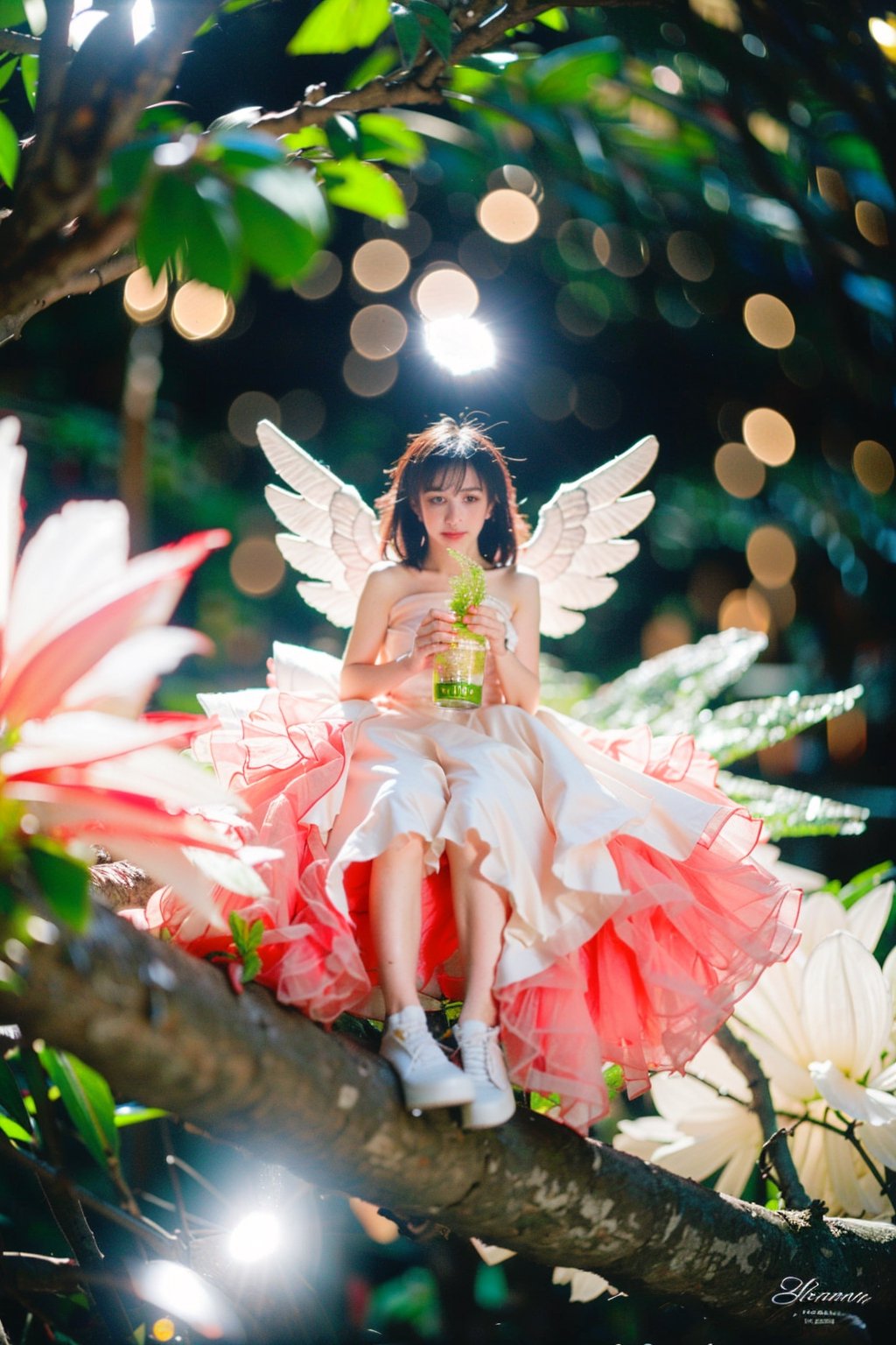 miniature world, a small angel, chibi, lovely white dress, sitting on a branch, in the woods, holding a glowing ice star, magical, fantasy, dreamy, . shallow depth of field, vignette, highly detailed, high budget, bokeh, cinemascope, moody, epic, gorgeous, film grain, grainy, cinematic film, alive,