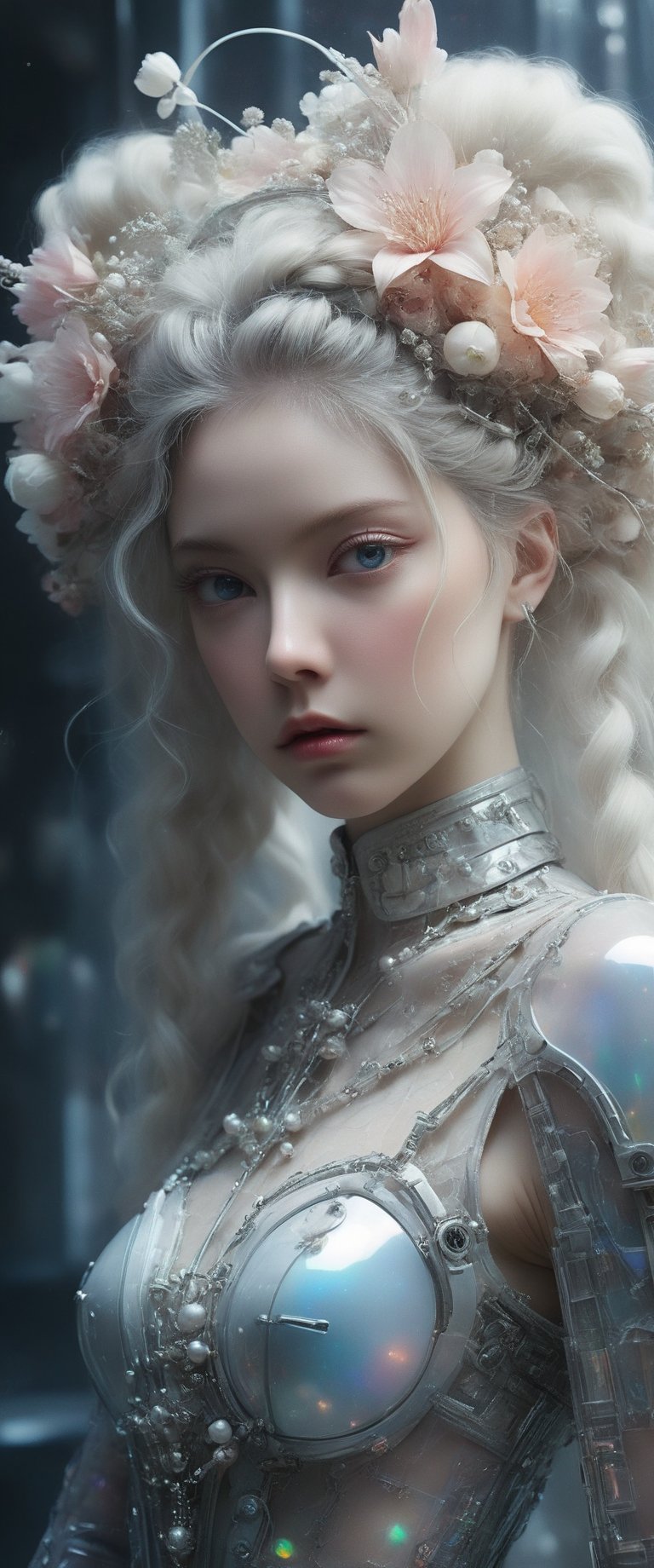 breathtaking ethereal RAW photo of female (A close-up portrait of an albino woman with pastel tones, depicted in a futuristic style. She has an intricate, elaborate hairstyle with multiple braids adorned with pearls and flowers, but with a modern twist. Her hair is white, and she has blue eyes with light freckles on her face. She is dressed in an opulent, high-tech outfit with metallic and holographic elements, and delicate jewelry with futuristic designs. The background is a sleek, high-tech interior with soft, ambient lighting that highlights the details of her attire and accessories. The overall aesthetic blends fantasy and science fiction, emphasizing intricate craftsmanship and a serene expression.

 )), dark and moody style, perfect face, outstretched perfect hands . masterpiece, professional, award-winning, intricate details, ultra high detailed, 64k, dramatic light, volumetric light, dynamic lighting, Epic, splash art .. ), by james jean $, roby dwi antono $, ross tran $. francis bacon $, michal mraz $, adrian ghenie $, petra cortright $, gerhard richter $, takato yamamoto $, ashley wood, tense atmospheric, , , , sooyaaa,IMGFIX,Comic Book-Style,Movie Aesthetic,action shot,photo r3al,bad quality image,oil painting, cinematic moviemaker style,Japan Vibes,H effect,koh_yunjung ,koh_yunjung,kwon-nara,sooyaaa,colorful,bones,skulls,armor,han-hyoju-xl
,DonMn1ghtm4reXL, ct-fujiii,ct-jeniiii, ct-goeuun,mad-cyberspace,FuturEvoLab-mecha,cinematic_grain_of_film,a frame of a animated film of,score_9,3D,style akirafilm,Wellington22A