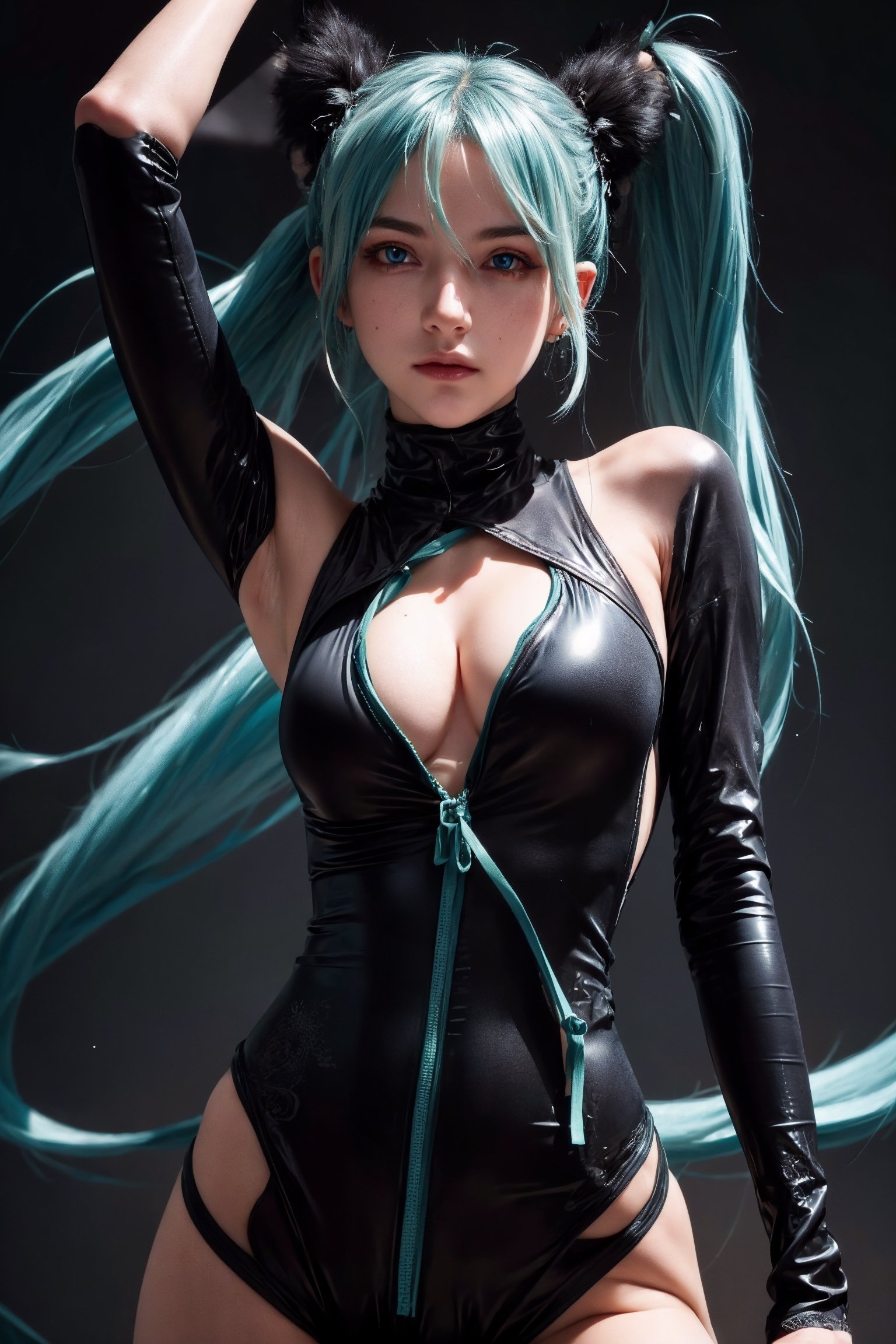 1 28 year old girl,sexy,noble,arrogant, (tall),hatsune miku double ponytail,(blue-green_hair), naked,nsfw,small bust,underboob,arrogant face,large hoop earrings,exposed breasts ,perfect breasts,showing nipples,
(small bust:1.4),unzipped, (showing pussy:1.3),bodysuit,plugsuit,zipper bodysuit,(black BREAK bodysuit:1.4), BREAK looking at viewer, BREAK , (masterpiece:1.2), best quality, high resolution, unity 8k wallpaper, (illustration:0.8), (beautiful detailed eyes:1.5), extremely detailed face, perfect lighting, extremely detailed CG, (perfect hands, perfect anatomy),perfect,hand,fingers,
(dynamic pose:1.3),anime screencap,latexsuit,hatsune miku