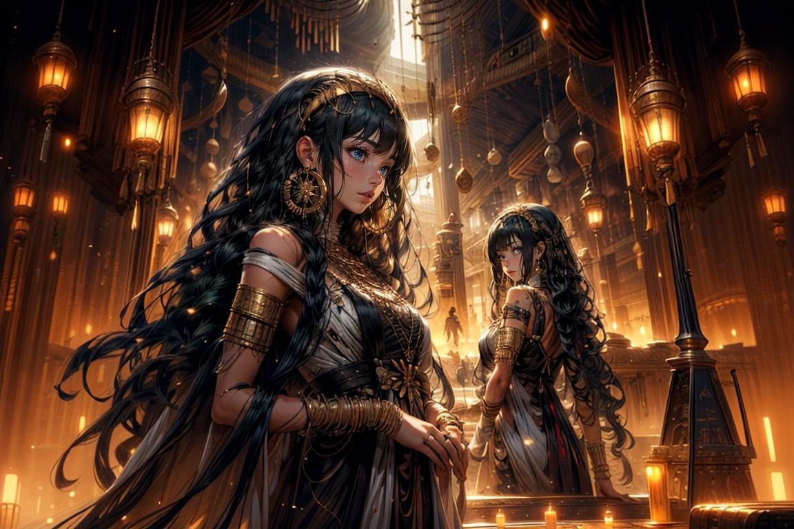 cleomain, cleodress, dress, white dress, 1girl, long hair, blunt bangs, green eyes, very long hair, green hair, hairband, jewelry, hoop earrings, medium breasts, A blending of cyberpunk girl and Egyptian fashion and hairstyle. She is standing amidst a mesmerizing space landscape with fantastic planets, pyramids, the golden hour, low-key lighting, science fiction style, futuristic masterpiece, detailed composition, best quality, low angle, egyptian,cleomain