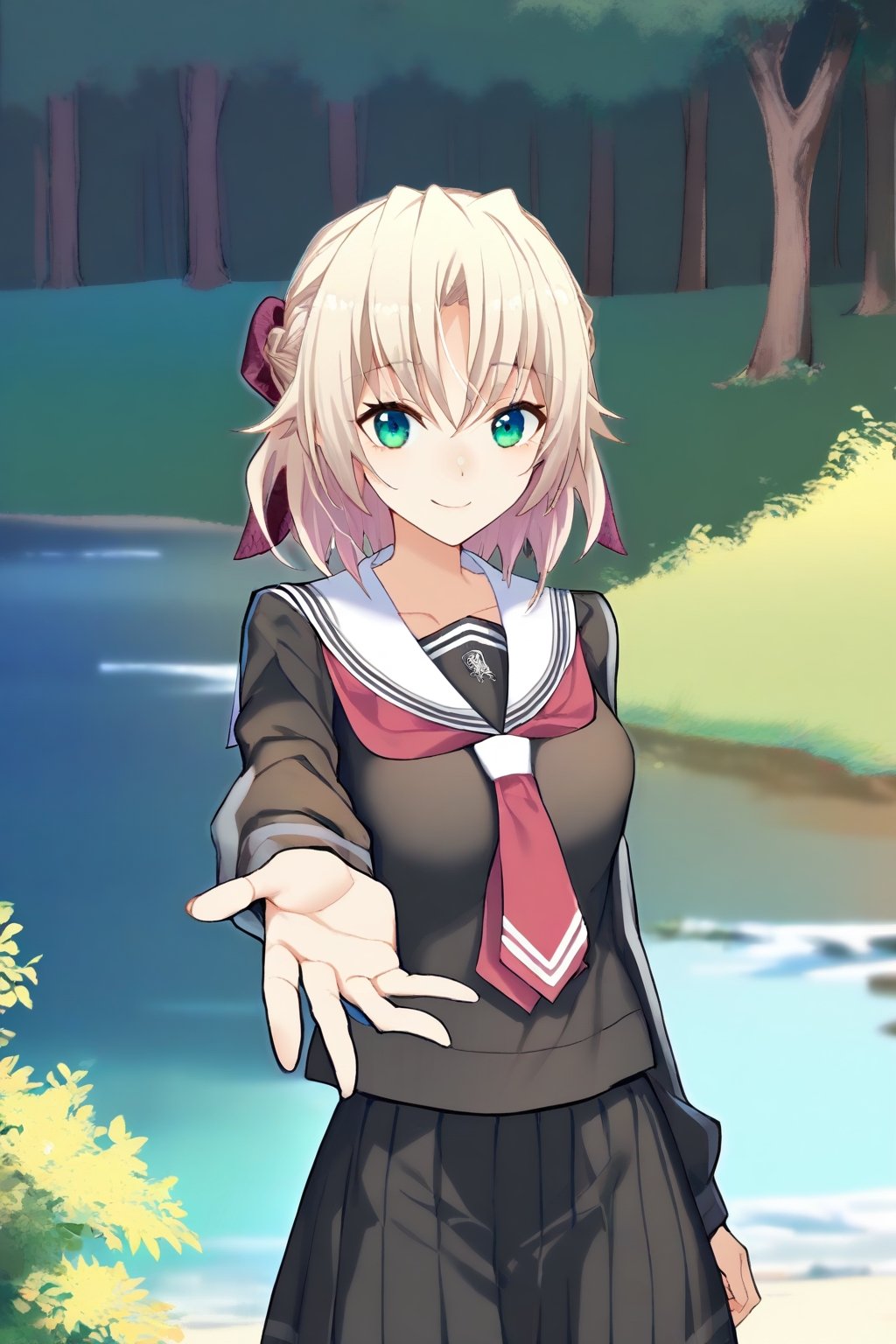 1girl,
ask \(askzy\), torino aqua, migolu,
noelle, memories off 8, rinshoji school uniform, schoolnoelle, red neckcheif, 
upper body,solo,looking at viewer,smile,looking at viewer,river, tree, forest,outstretched hand, (scenery:1.2),
masterpiece,best quality,absurdres,safe,