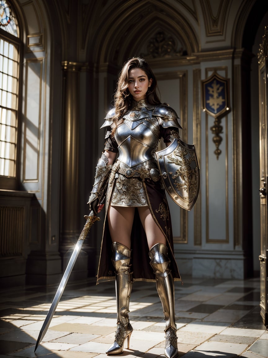 realistic, ((1 young and beautiful girl:1.2)), absurdres, (8k, best quality, masterpiece:1.2), professional photograph, dramatic light, (finely detailed face:1.2), female knight wearing a full suit of filigree silver armor, holding a shield (family crest, intricate design) in one hand, holding sword of gold in other hand, full body shot, castle interior background