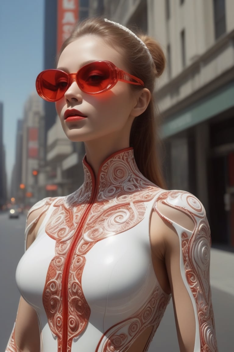 (((iconic,futuristic-sci-fi but extremely a beautiful women, Red and white cystal tranparent))),orange modern sun glass,
(((intricate details, masterpiece, best quality)))
(((Wide angle, full body shot, profile view)))
(((dynamic supermodel pose, looking at viewer))) , future city street outdoor dark scene,
by Diane Arbus