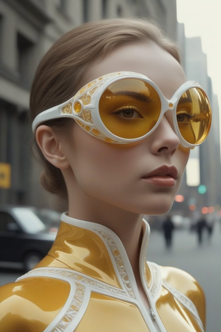 (((iconic,futuristic-sci-fi but extremely a beautiful women, Yellow and white cystal tranparent))),orange modern sun glass,
(((intricate details, masterpiece, best quality)))
(((Wide angle, medium long shot, profile view)))
(((dynamic model pose, looking at viewer))) , future city street outdoor dark scene,
by Diane Arbus