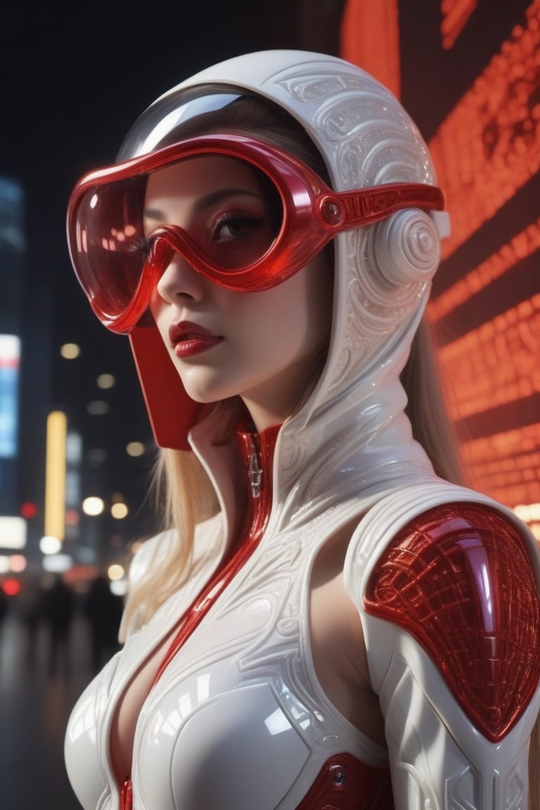 (((iconic,futuristic-sci-fi but extremely a beautiful women, Super red and white cystal tranparent))), Futeristic sun glass and hood
(((intricate details, masterpiece, best quality)))
(((Wide angle, (full body shot), profile view)))
(((dynamic supermodel pose, looking at viewer))) , Night city outdoor neon light, Dark scene background,
by Diane Arbus