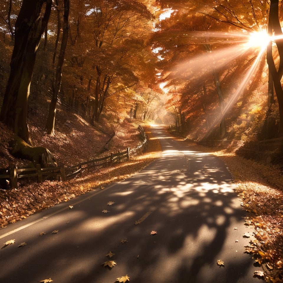 Viewer moving pass The country road through a vibrant autumn forest covered with fallen leaves. The long exposure captures winding and soft light of the setting sun filtering through the leaves, casting long shadows and creating a warm, glowing effect. Captured in the style of long exposure.