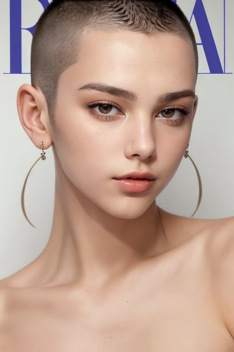The fashion model with a Buzz cut hair style looking to the camera with a strong gaze. Captured in the style of a hair style fashion magazine cover, focusing on the model's hair style --style raw 