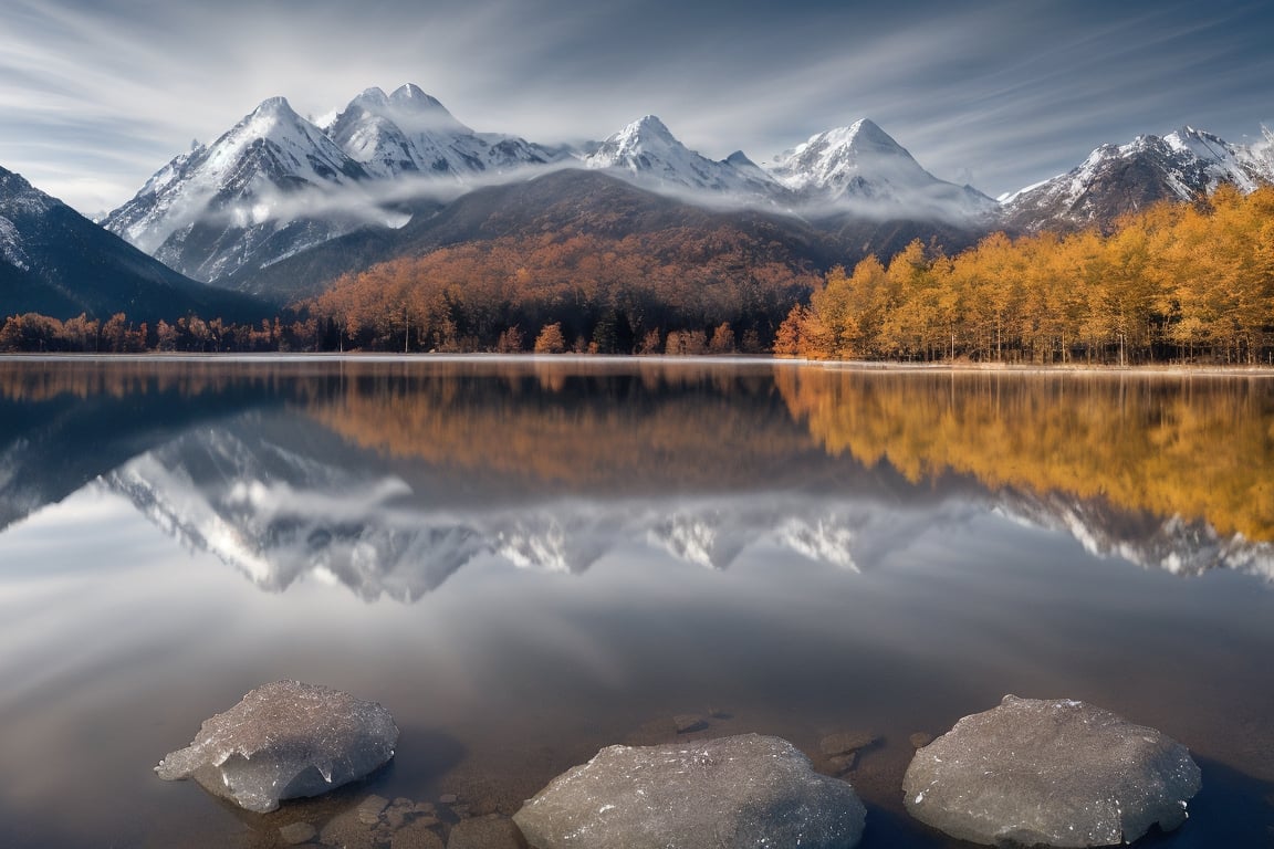 The clear crystal serene lake surround by maple trees in autumn. The long exposure captures a movement of clouds around the mountain peak. In the background is the majestic mountain range. Captured in the style of seasonal photograph by using high definition camera, (high speed shutter with long exposure), contrast and blending the colors together --style raw --v 6.0 --ar 1:1 