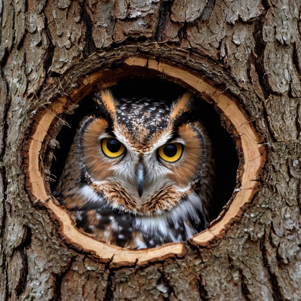 an owl looking at you through the hole it chewed in the tree wood.