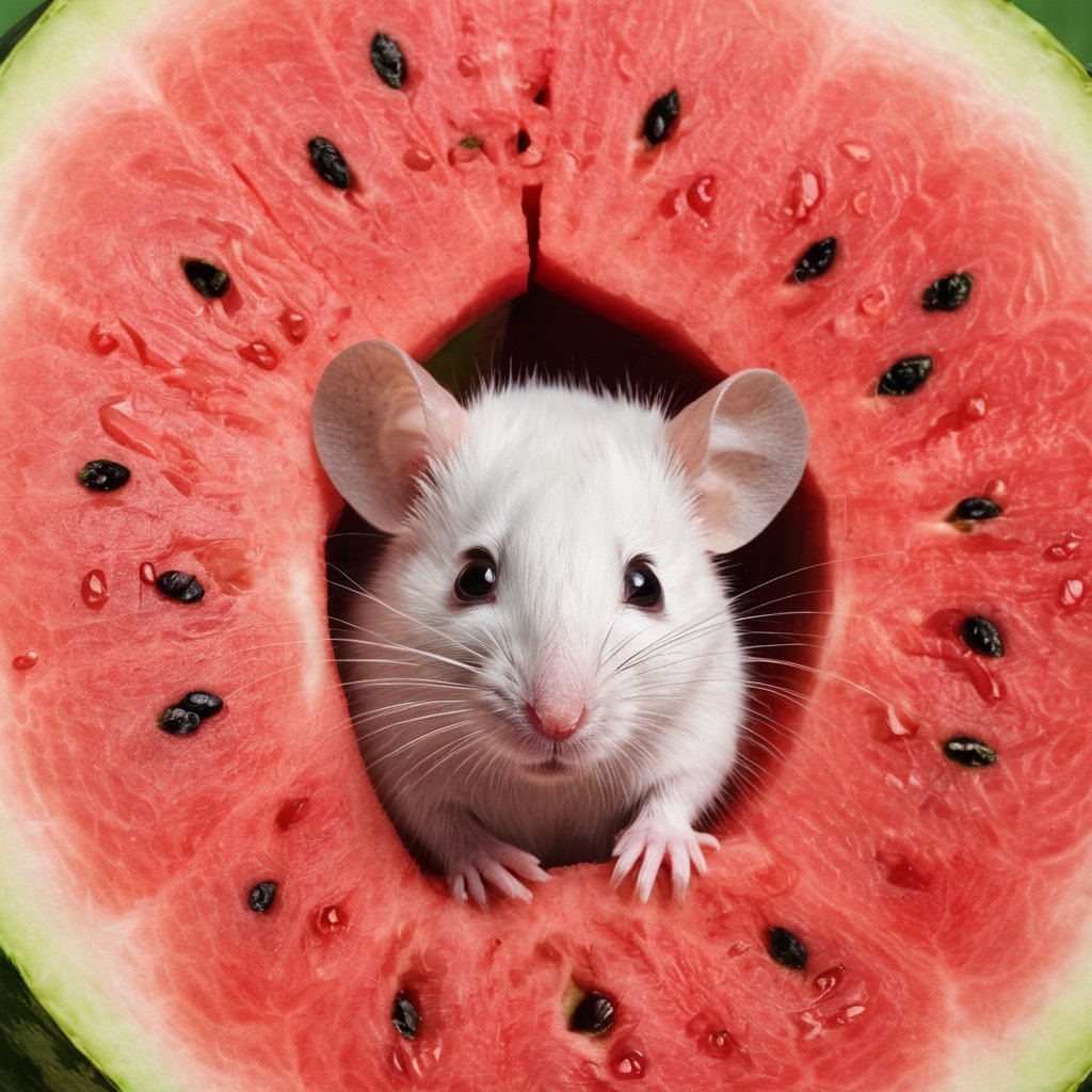 a cute white mouse looking at you through the hole it chewed in the big watermelon.