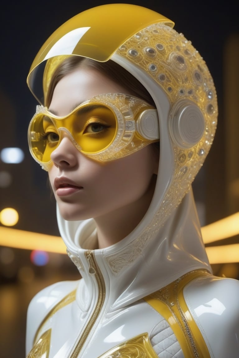 (((iconic,futuristic-sci-fi but extremely a beautiful women, Yellow and white cystal tranparent))), Futeristic sun glass and hood
(((intricate details, masterpiece, best quality)))
(((Wide angle, full body shot, profile view)))
(((dynamic supermodel pose, looking at viewer))) , Night city outdoor neon light, Dark scene background,
by Diane Arbus