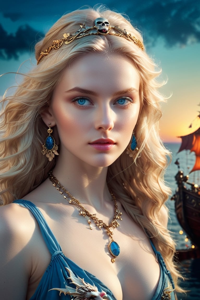 A hyperrealistic photography with pirate theme. A dragon queen manifests herself as a young scandinavian pirate chief with profound facial features. With piercing blue eyes fixed on the viewer, she exudes confidence and poise. Adorned with delicate jewelry including a necklace and bracelet. award-winning photography, hyperrealistic, official_art, a glamorous girl in her 20s, bright eyes, an ethereal beautiful face, long blonde hair cascading down her shoulders in soft waves, porcelain skin, perfect model body, thong,  photo_b00ster, beautiful long legs, depth_of_view, sunset hue, in the middle of sea, concept art style, DragonConfetti2024_XL