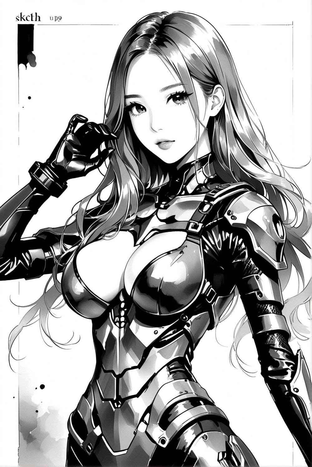 score_9, score_8_up, score_7_up, stellar_blade_tachy, a 17-years-old ethereal and breathtakingly glamorous korean idol, perfect busty model body, brown eyes, brown long hair, balayage hair, gloves, orange-black two tones armor, combat suit with external skeleton, pencil sktech, monochrome, greyscale, masterpiece, best quality, official art, beauty & aesthetic