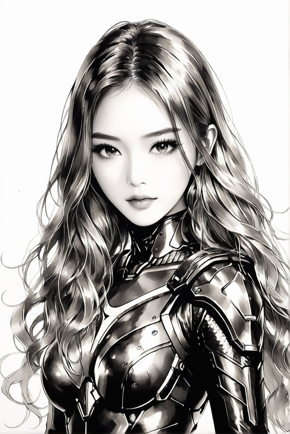 score_9, score_8_up, score_7_up, stellar_blade_tachy, a 17-years-old ethereal and breathtakingly glamorous korean idol, perfect model body, brown eyes, brown long hair, balayage hair, gloves, orange-black two-tones armor, combat suit. a masterpiece of hyper realistic and high fidelity portrait of pencil sktech with the best quality published by the official, accentuating a ultimate beauty and aesthetic standard, monochrome, greyscale,