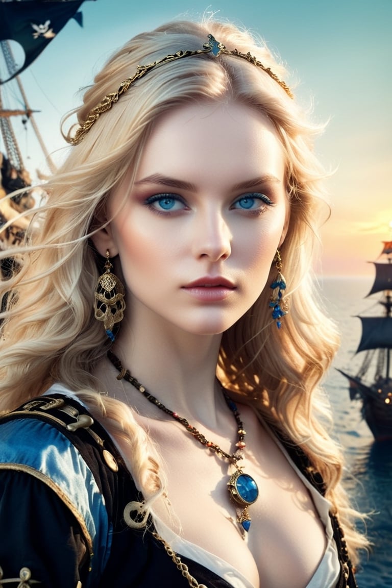 A hyperrealistic photography with pirate theme. A dragon queen manifests herself as a young scandinavian pirate chief with profound facial features. With piercing blue eyes fixed on the viewer, she exudes confidence and poise. Adorned with delicate jewelry including a necklace and bracelet. award-winning photography, medium shot, official_art, a glamorous girl in her 20s, bright eyes, an ethereal beautiful face, long blonde hair cascading down her shoulders in soft waves, porcelain skin, perfect model body, exquisite pirate warrior attire, photo_b00ster, beautiful long legs, depth_of_view, sunset hue, in the middle of sea, concept art style, DragonConfetti2024_XL