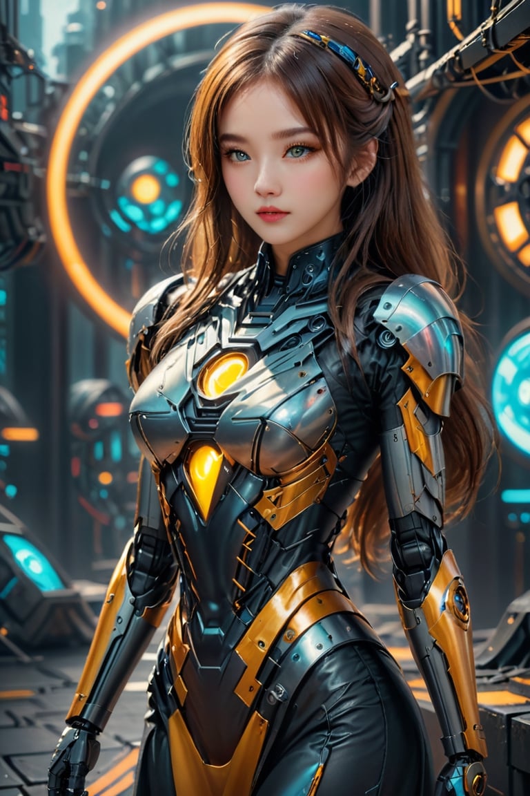 futuristic cyberpunk theme, a magnificient space colony scene, award-winning photography, hyperrealistic, (full body shot):1.5, a 17-years-old breathtakingly beautiful girl, a DonMCyb3rN3cr0XL girl Techno-witch, DonMCyb3rN3cr0XL mecha armor, ethereal glamorous beautiful face, glowing yellow eyes, smiles captatively, concept art style, futuristic_aodai
