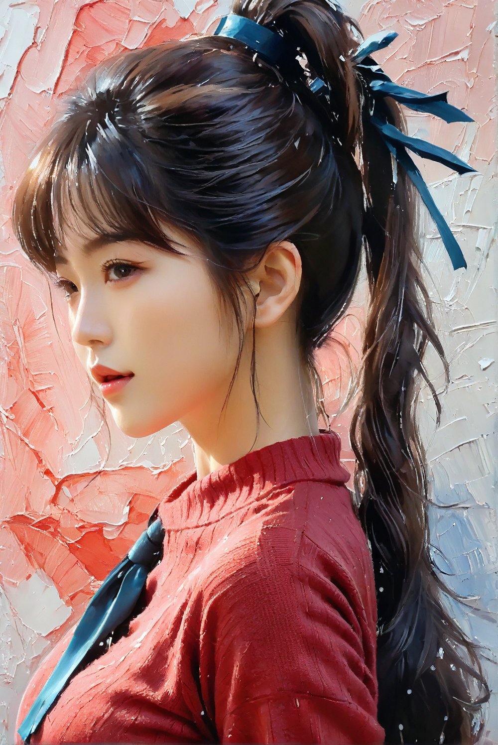 an ethereal and breathtakingly glamorous korean girl, high ponytail, long hair, (red sweater:1.25), black necktie, pencil skirt, bright eyes, expressive eyes, close-up, perfect busty model body, masterpiece, best quality, official art, Impasto art style, art_booster