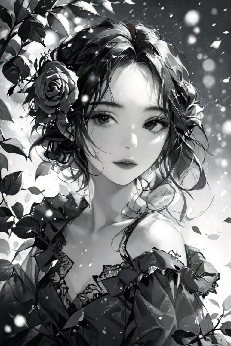 rose in a snow falling winter, depth of view, bokeh, monochrome, greyscale, art_booster, masterpiece, best quality, official part, professional portrait, charcoal \(medium\), Gold Edged Black Rose