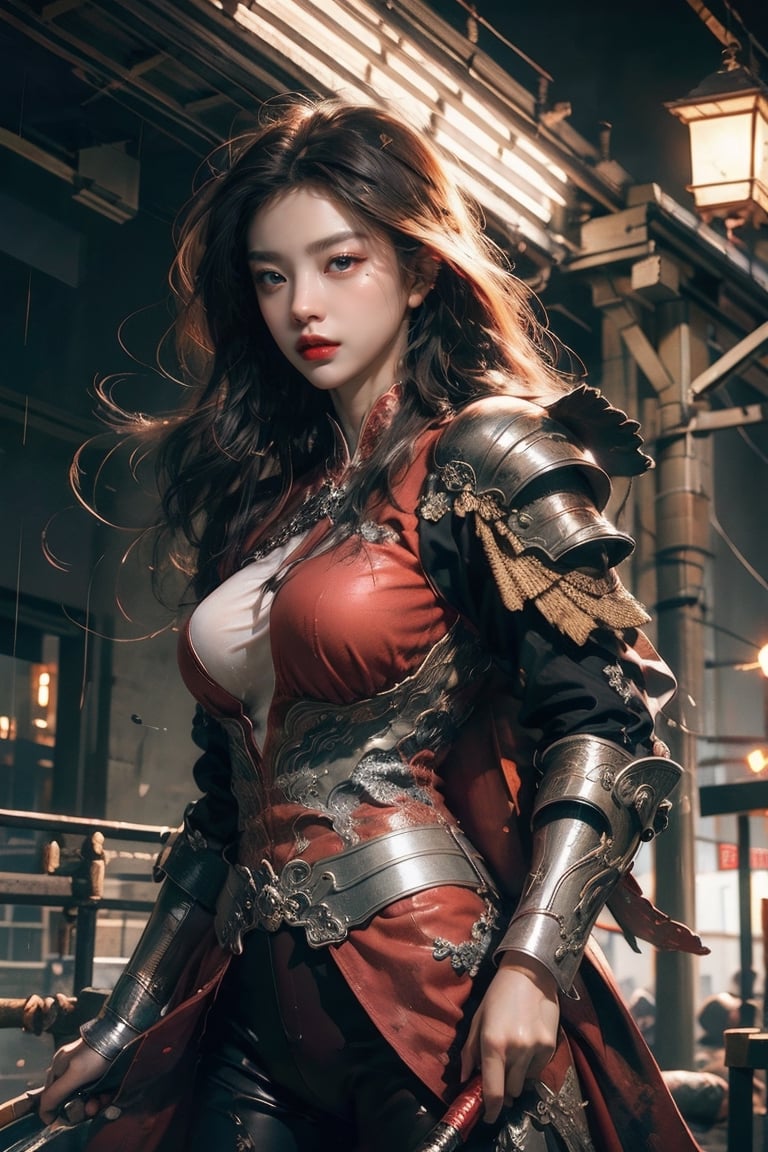 (masterpiece) movie poster, "Red Hood : Dragon Slayer" (((WRITTENN CORRECTLY))), a woman, beautiful, wearing red chinese dragon armor, cinematic, rain, swing her BIG SWORDS, rain atmosphere, night time, eyes of the red dragon on her back, cinematic, blazing, bokeh, award winning photography, perfect composition, hyper realistic, hyper detailed,High detailed ,goyoonjung,weapon