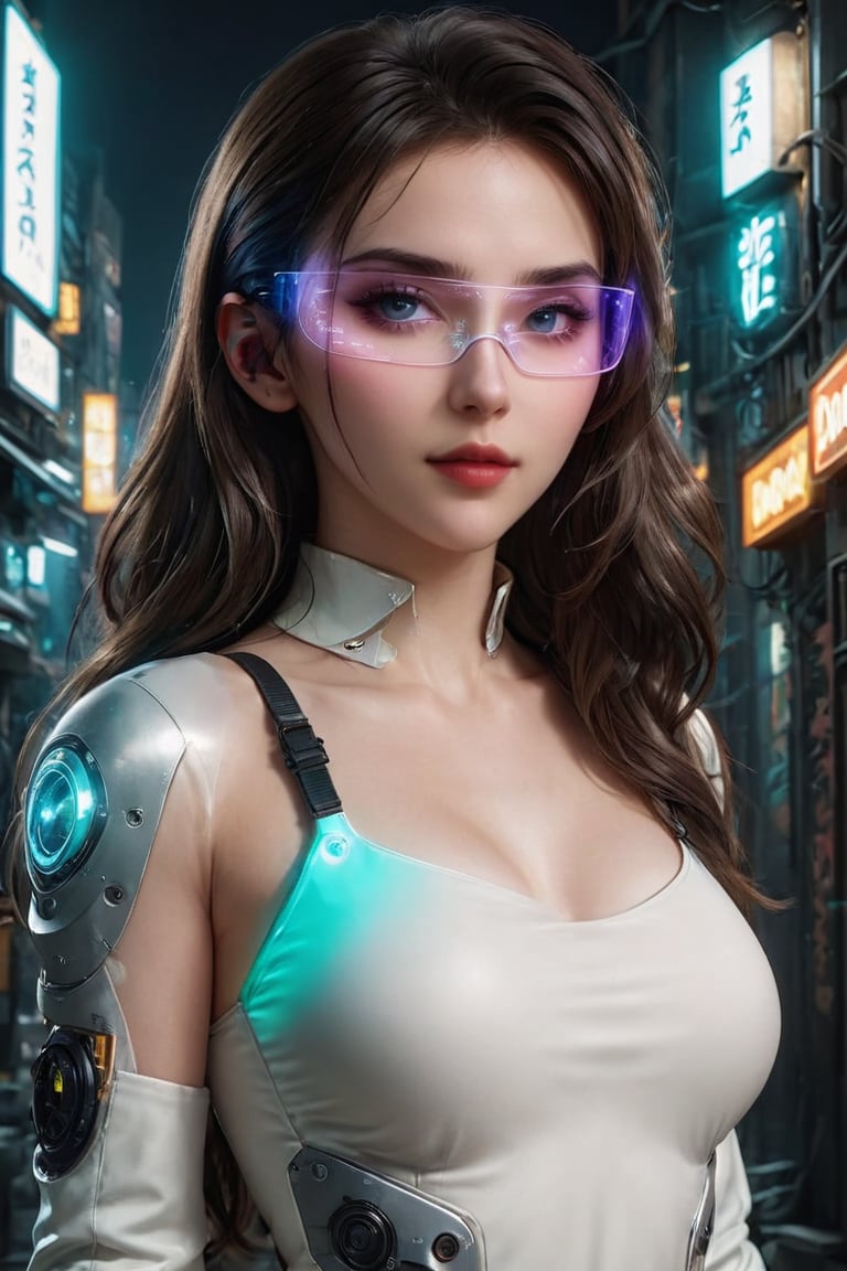 [three-quarter dynamic position::12], (Dylan Kowalski:1.25), [gorgeous face, (long loose spreading brunette wavy hair:1.1), (amazing pale skin:1.2), pastel lighting, mysterious smile, ((looking at the camera)), bright and piercing eyes:9], gorgeous young cyborg girl in sexy hole  white platinum outfit((anatomical:0.7) bellybutton (glossy cybernated body and hands in (Deus Ex Mankind Divided style):0.9)) and (trim and athletic:0.95),, inside a slum alley with (neon signs:0.6), (dramatic neon lighting:0.9), natural glossy, Dark matte, [stunning high-activity unity render::30] Maximally natural hair[superdetail, ((professional photography, hyperphotorealistic, cinematic, natural reflection textures, max natural materials, high-contrast shadows, cinematic lighting, soft lighting)):20], (neon lighting:0.8), [nikon d850 film stock photograph 4 kodak portra 400 camera f1. 6, 150mm, ISO 100, CineStill 800 Tungsten:15],cyberpunk glasses