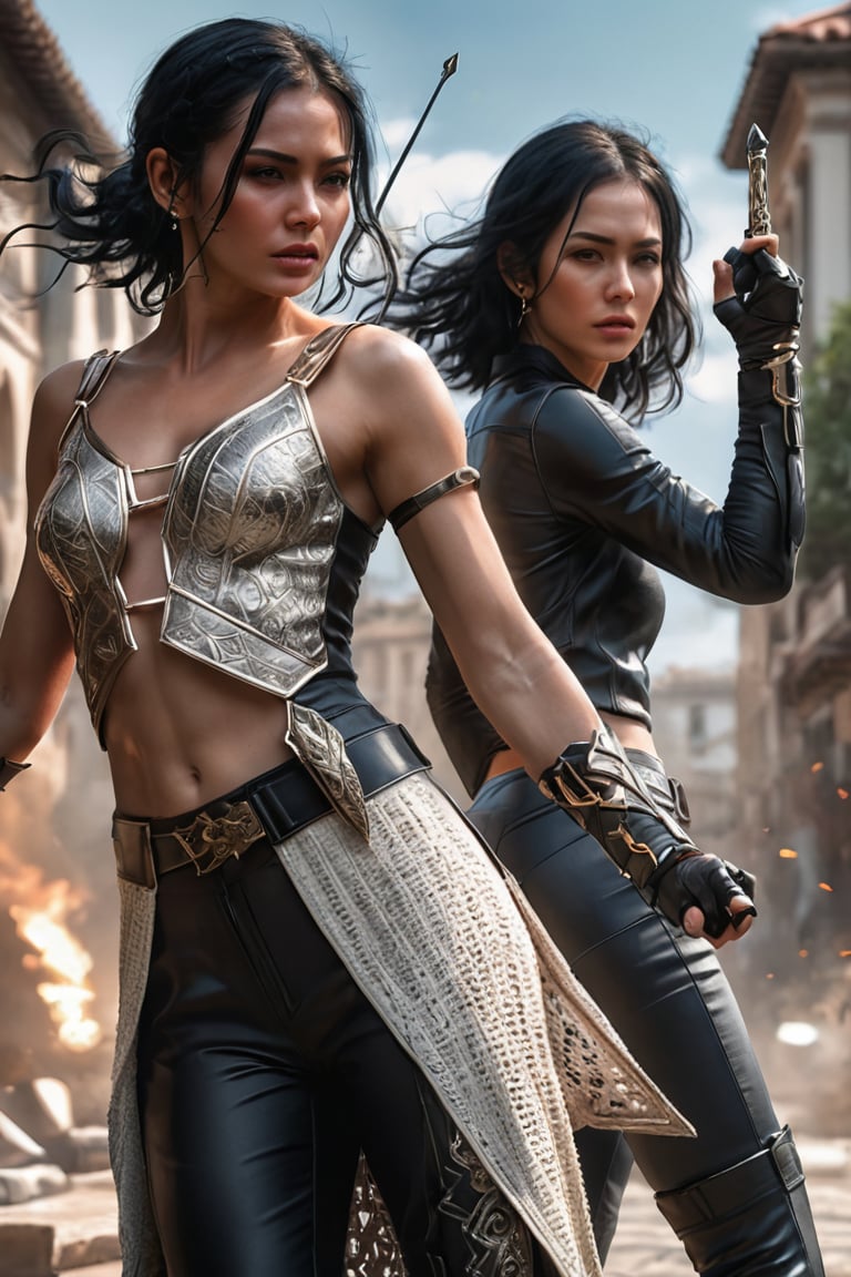 ((masterpiece)), ((best quality)), (((photo Realistic))), Gorgeous, beautiful, handsome, stylish Assassin Couple, back to back, fighting to each other, modern tight sexy clothes, young, gorgeous mysterious faces, black hair, dynamic kicking pose, ultra intricate, extra-detailed, high resolution, high detail, high complexity, hdr resolution, extremely detailed, 8k, unreal engine, dynamic pose, two-piece crochet outfit, tie wear, gleaming magical daggers, casting powerful tricky move, ethereal form, very realistic