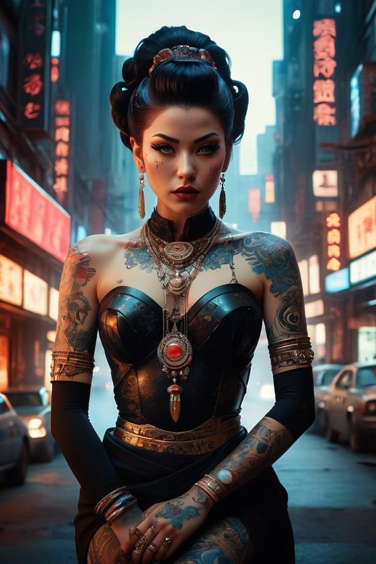 ((masterpiece)), ((best quality)), (((photo Realistic))), (portrait photo), (8k, RAW photo, best quality, masterpiece:1.2), (realistic, photo-realistic:1.3), ultra-detailed. A mesmerizing, ultrarealistic, 8K image of a grungy, tattoo punk-inspired 1950s sci-fi cyber noir world. In the foreground, an elegantly dressed Egyptian goddess stands proudly on a dais, adorned with intricate tattoos and regal jewels. Behind her, a colossal jinn, with a fiery aura, patiently awaits to serve. The background showcases a dystopian cityscape, reminiscent of traditional Japanese ukiyo-e art, with a cinematic touch that brings the scene to life., photo, illustration, cinematic, conceptual art,Cyberpunk geisha