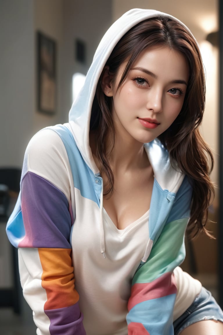 ((masterpiece)), ((best quality)), (((photo Realistic))), (3/4 portrait photo), (8k, RAW photo, best quality, masterpiece:1.2), gorgeous female wearing hoodie, (((bent over))), downblouse, smile, extended downblouse, attractive, flirting, (((upper body visible))), looking at viewer, portrait, photography, detailed skin, realistic, photo-realistic, 8k, highly detailed, full length frame, High detail RAW color art, diffused soft lighting, shallow depth of field, sharp focus, hyperrealism, cinematic lighting, 