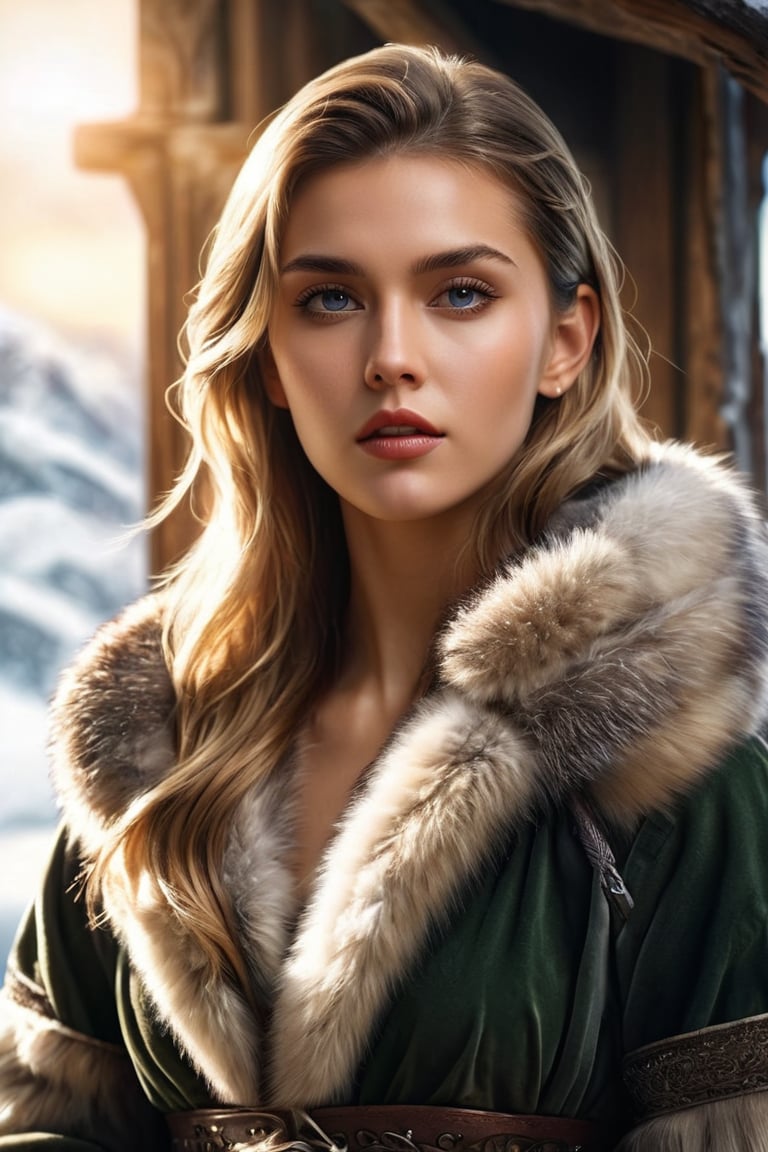 ((masterpiece)), ((best quality)), (((photo Realistic))), (3/4 portrait photo, top view:1.2), (8k, RAW photo, best quality, masterpiece:1.2), (realistic, photo-realistic:1.3), ultra-detailed, A cinematic photo capturing a young, pretty Nordic viking woman dressed in a robe and a thick jacket and snow boots, standing in a tall watchtower. She gazes intently at the North Star, her expression a mix of worry and tension as she awaits the impending attack on the besieged city. The marble city, perched on a plateau between two peaks, is visible in the background, with a breathtaking panoramic view of the surrounding landscapes. The sun is setting, casting a warm, golden hue over the snow covered scene and the atmosphere is filled with a sense of urgency and foreboding., photo, cinematic