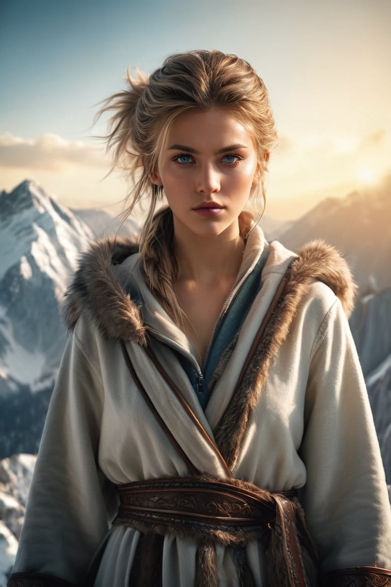((masterpiece)), ((best quality)), (((photo Realistic))), (3/4 portrait photo, above view:1.2), (8k, RAW photo, best quality, masterpiece:1.2), (realistic, photo-realistic:1.3), ultra-detailed, A cinematic photo capturing a young, pretty Nordic viking woman dressed in a robe and a thick jacket and snow boots, standing in a tall watchtower. She gazes intently at the North Star, her expression a mix of worry and tension as she awaits the impending attack on the besieged city. The marble city, perched on a plateau between two peaks, is visible in the background, with a breathtaking panoramic view of the surrounding landscapes. The sun is setting, casting a warm, golden hue over the snow covered scene and the atmosphere is filled with a sense of urgency and foreboding., photo, cinematic